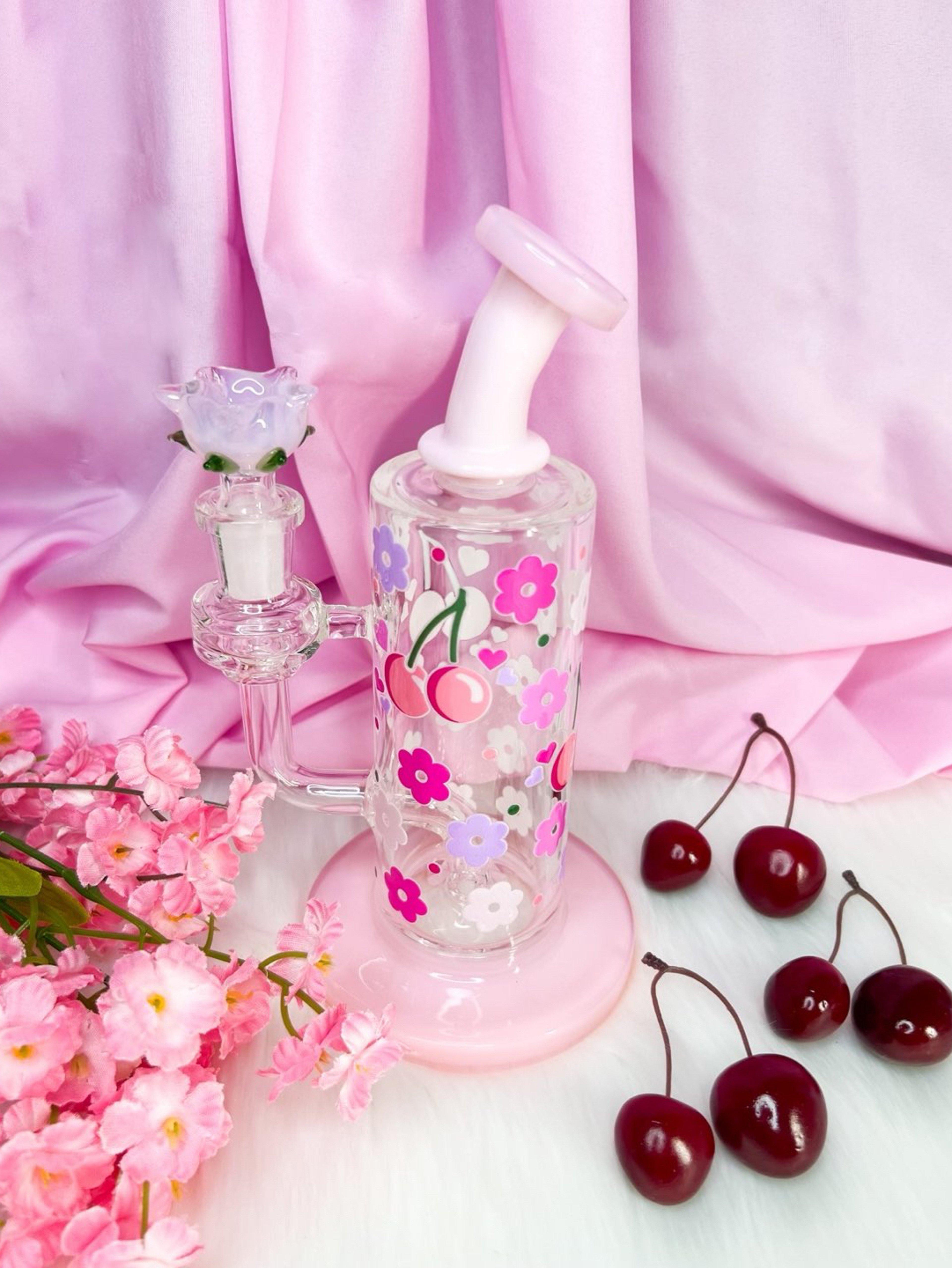 Preview pic of Milky Pink Cherries & Daisies Water Pipe
