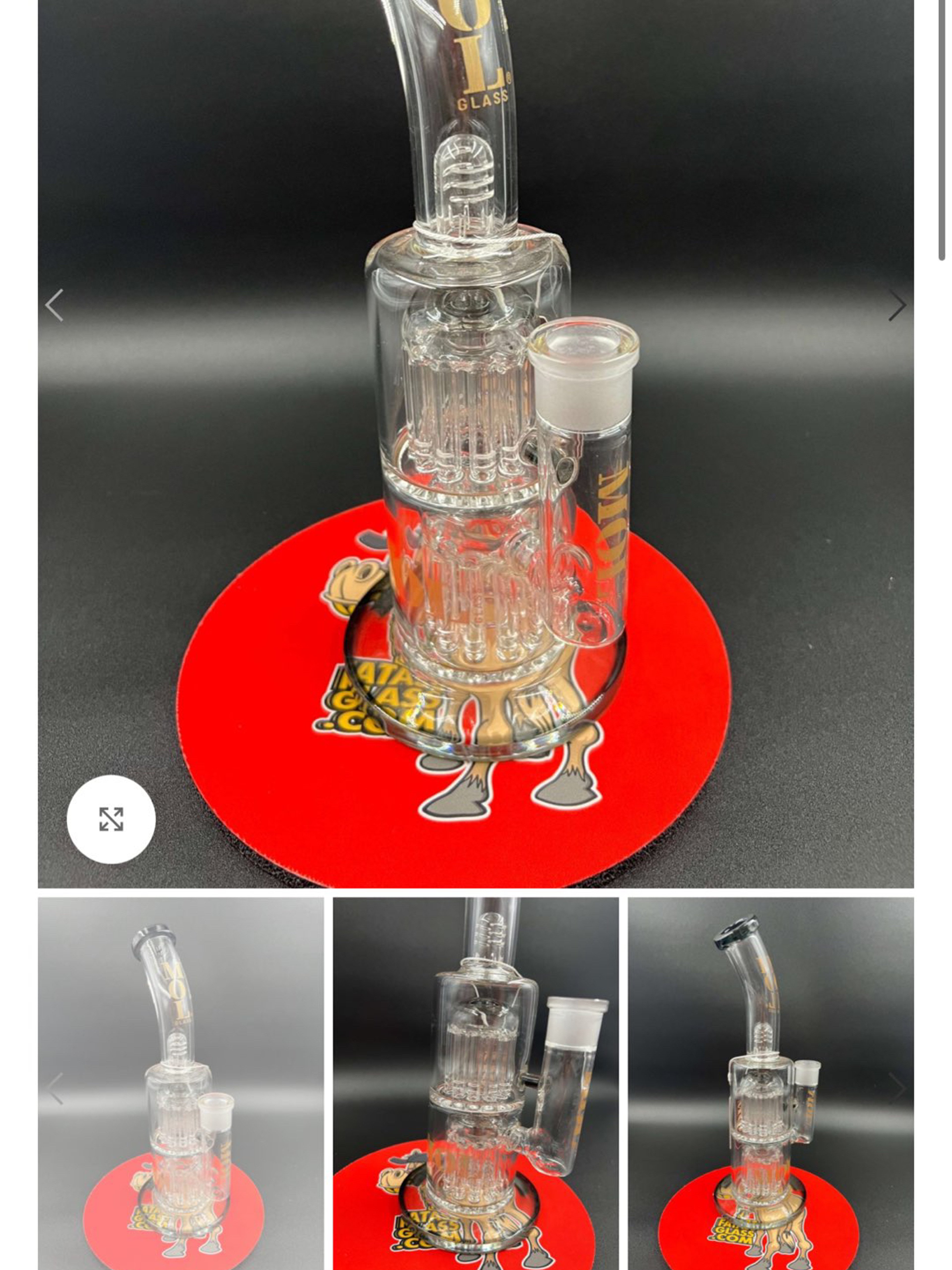 Preview pic of 11″ MOL Glass Double Tree Arm Bent Neck w. Splash Guard Smoke Black