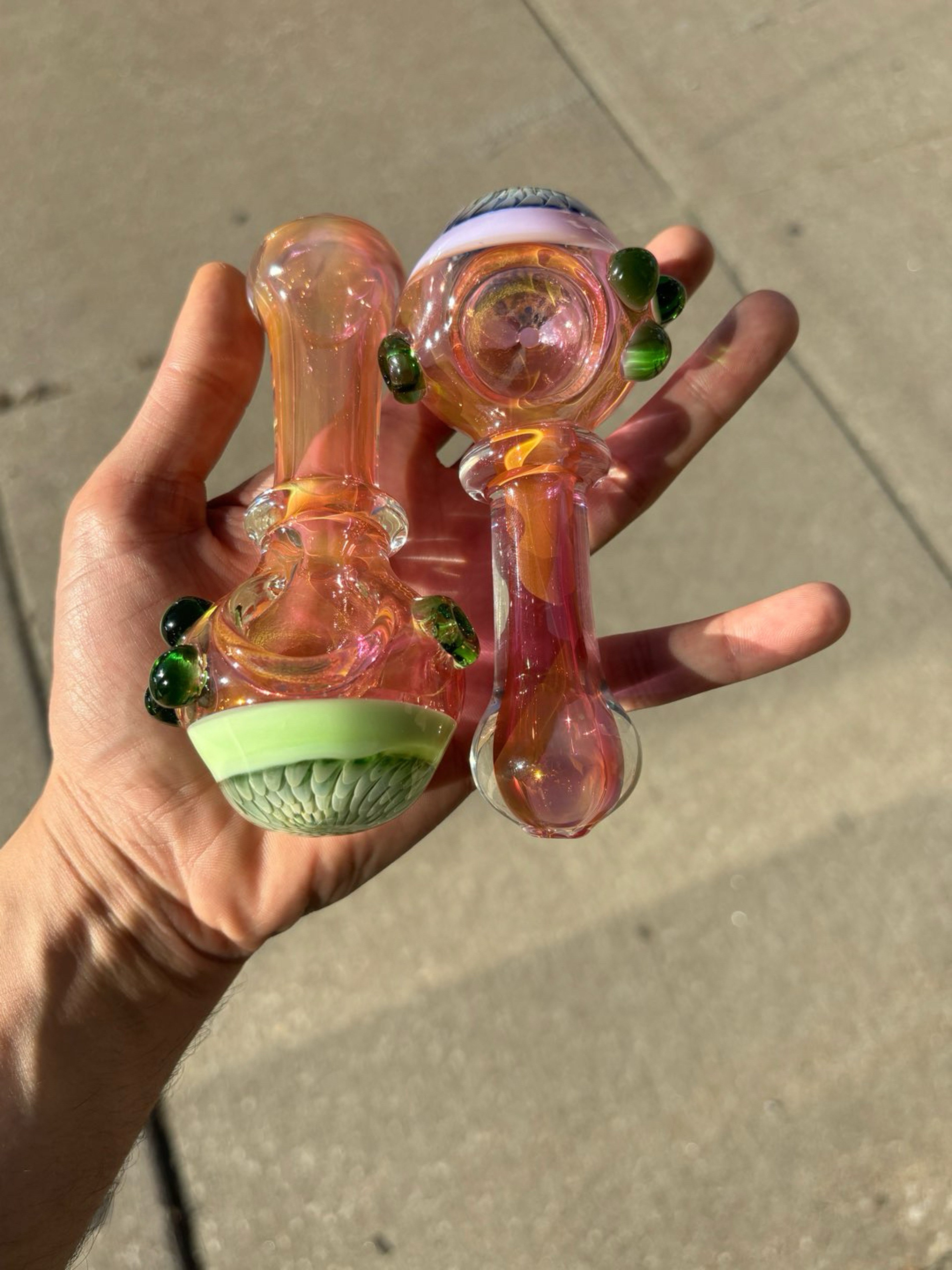 Preview pic of Fumed green/purple bowls!