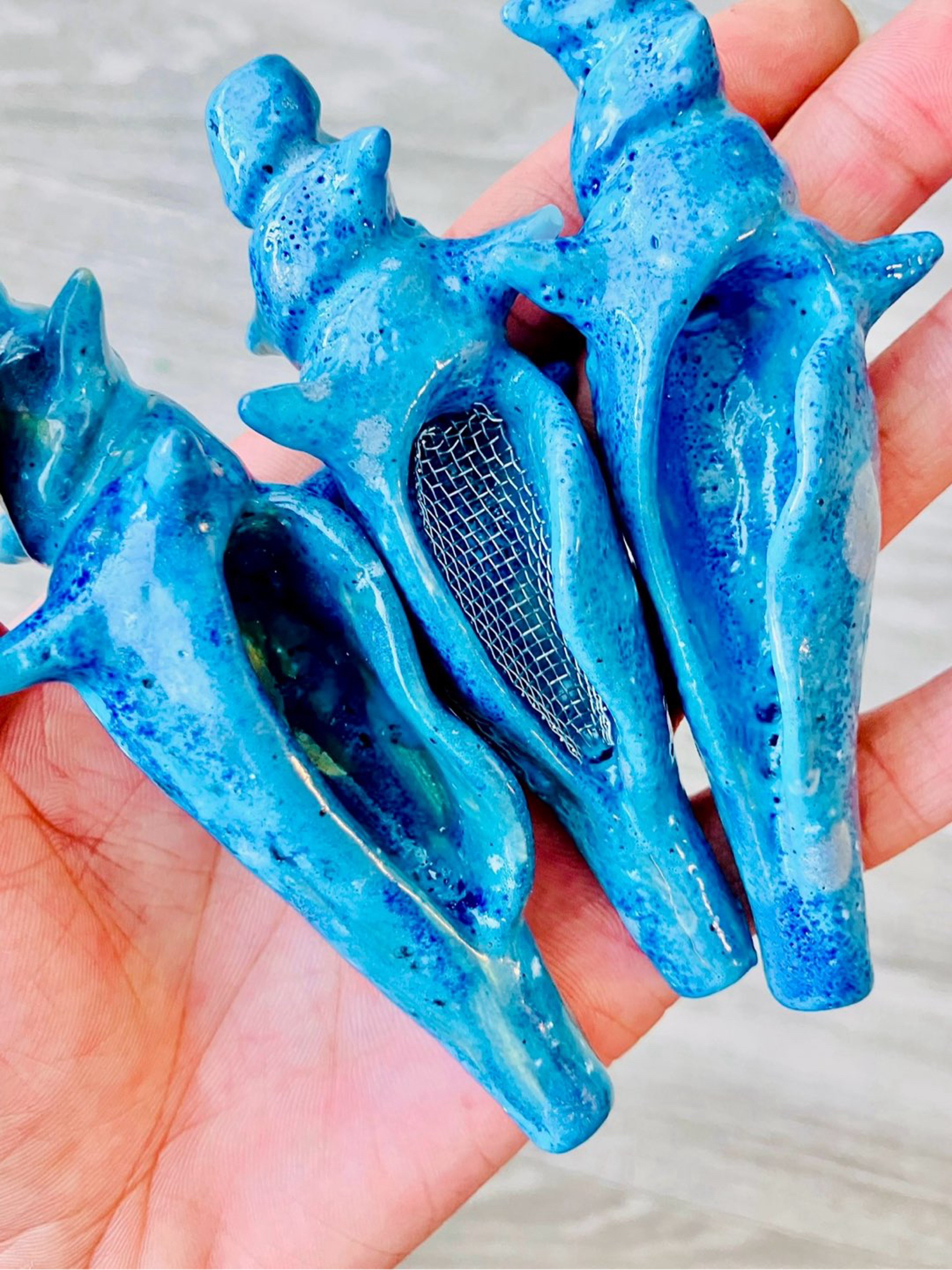 Preview pic of ‘Tahiti Blue’ Conch Seashell Ceramic Hand Bowl/Pipe