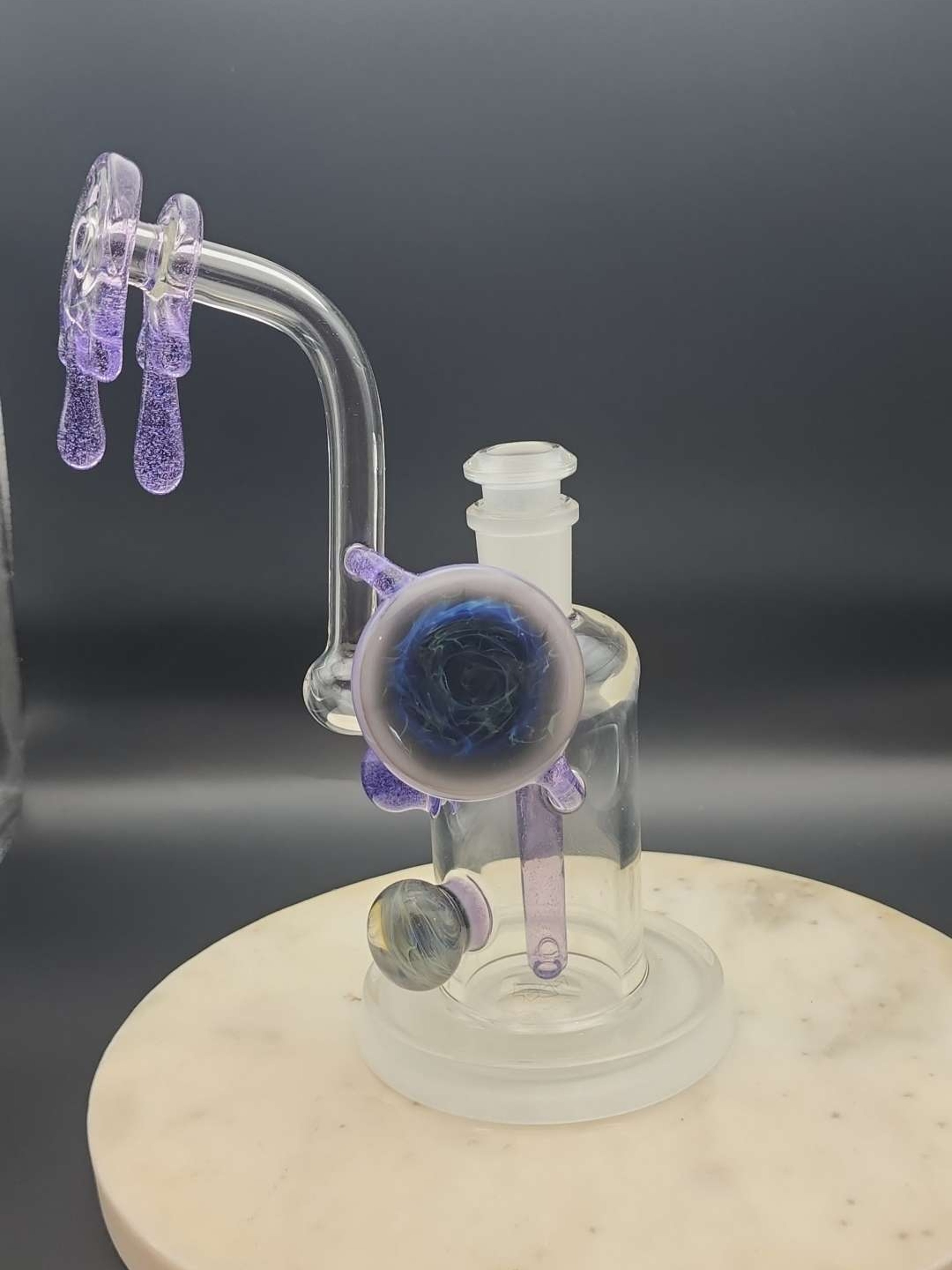 Preview pic of BeerGlass Purple Lolipop Drip Rig. 14mm removable worked downstem. Signed with sanblasted base