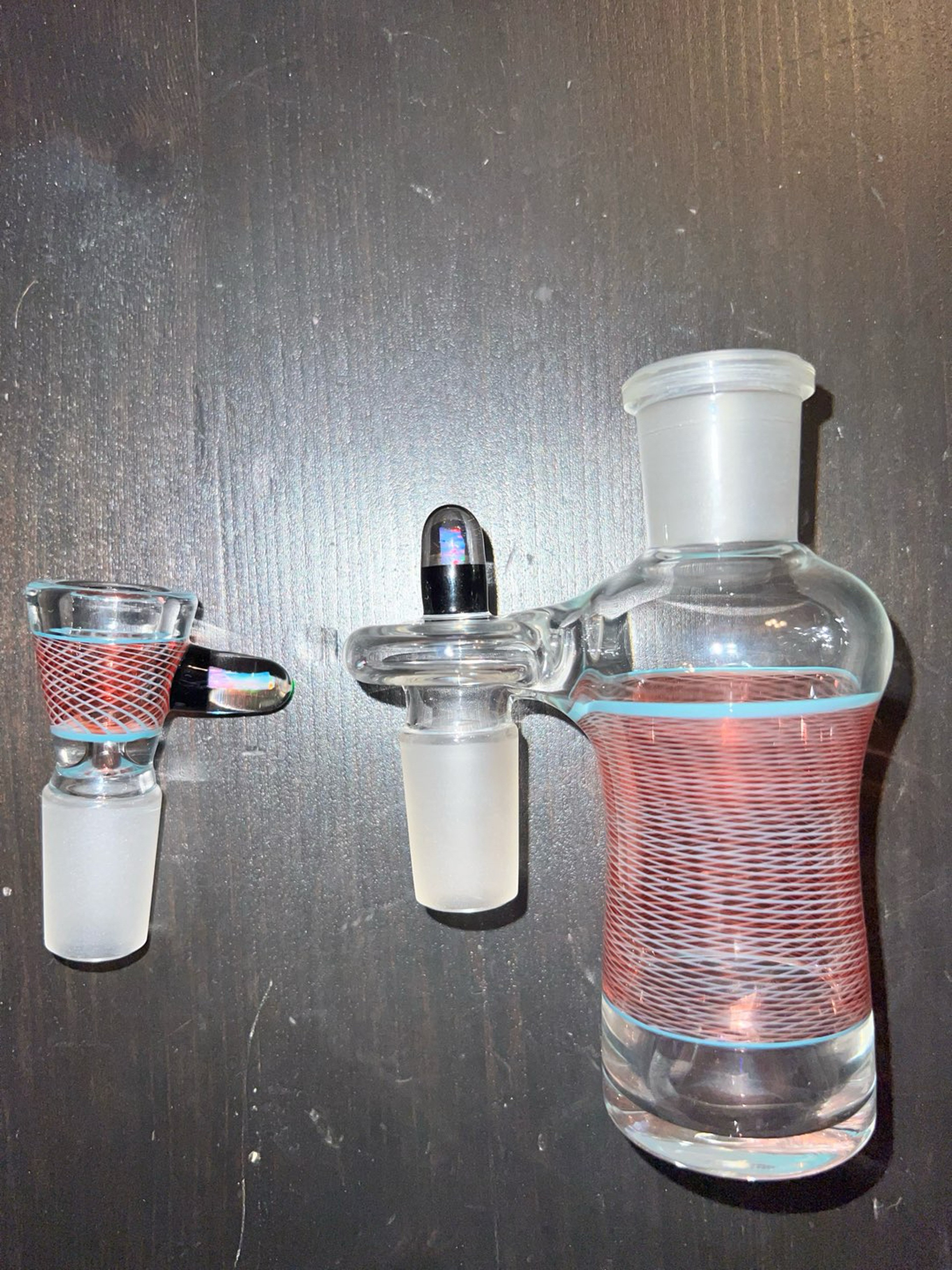 Preview pic of Jhoney (Canadian) retticello red x teal line ashcatcher and bowl with matching opals