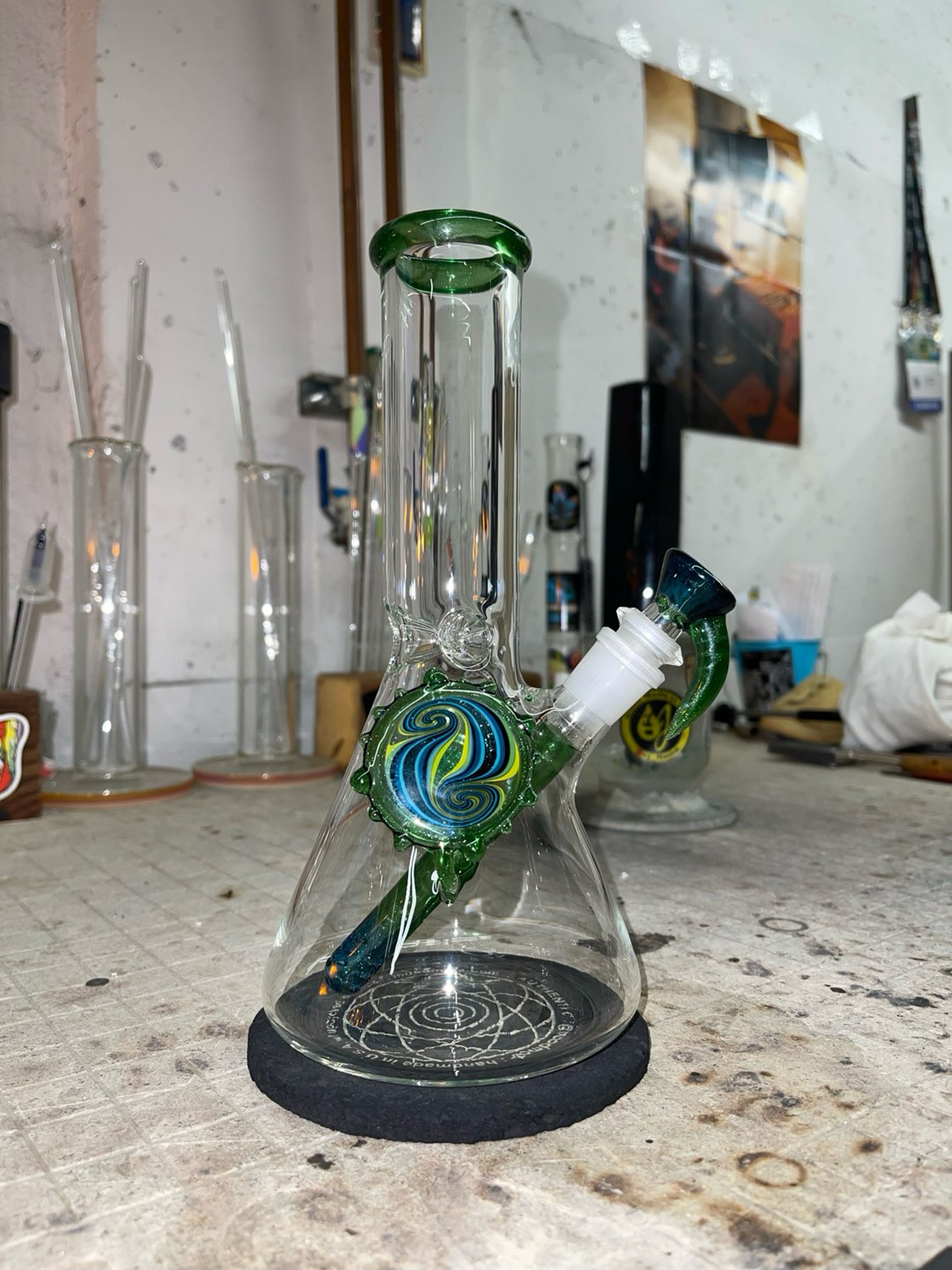 Preview pic of 10” tall beaker blue and green stardust color