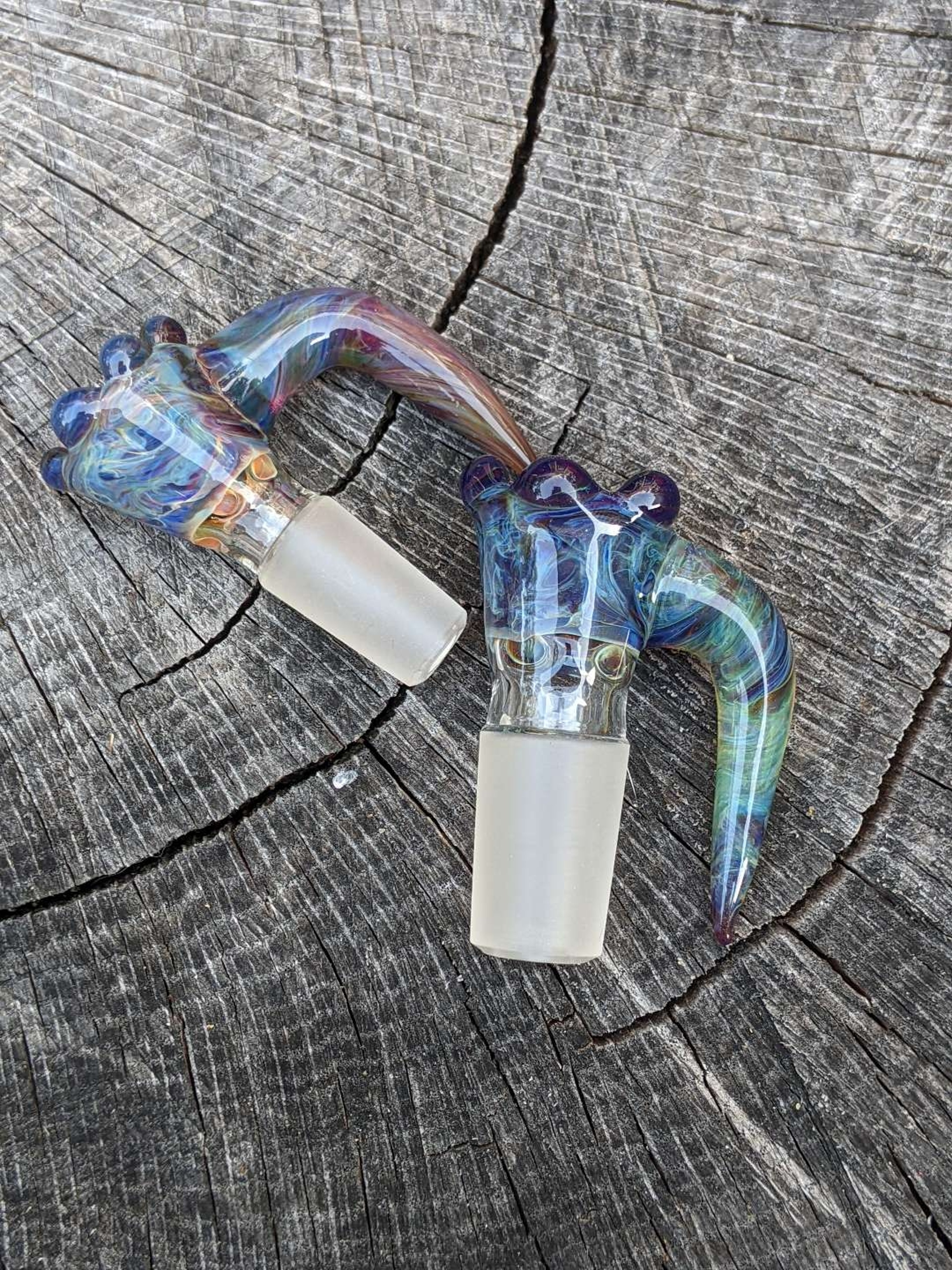 Preview pic of Hand Blown 4 Hole Horned Blue Slides 14-18mm