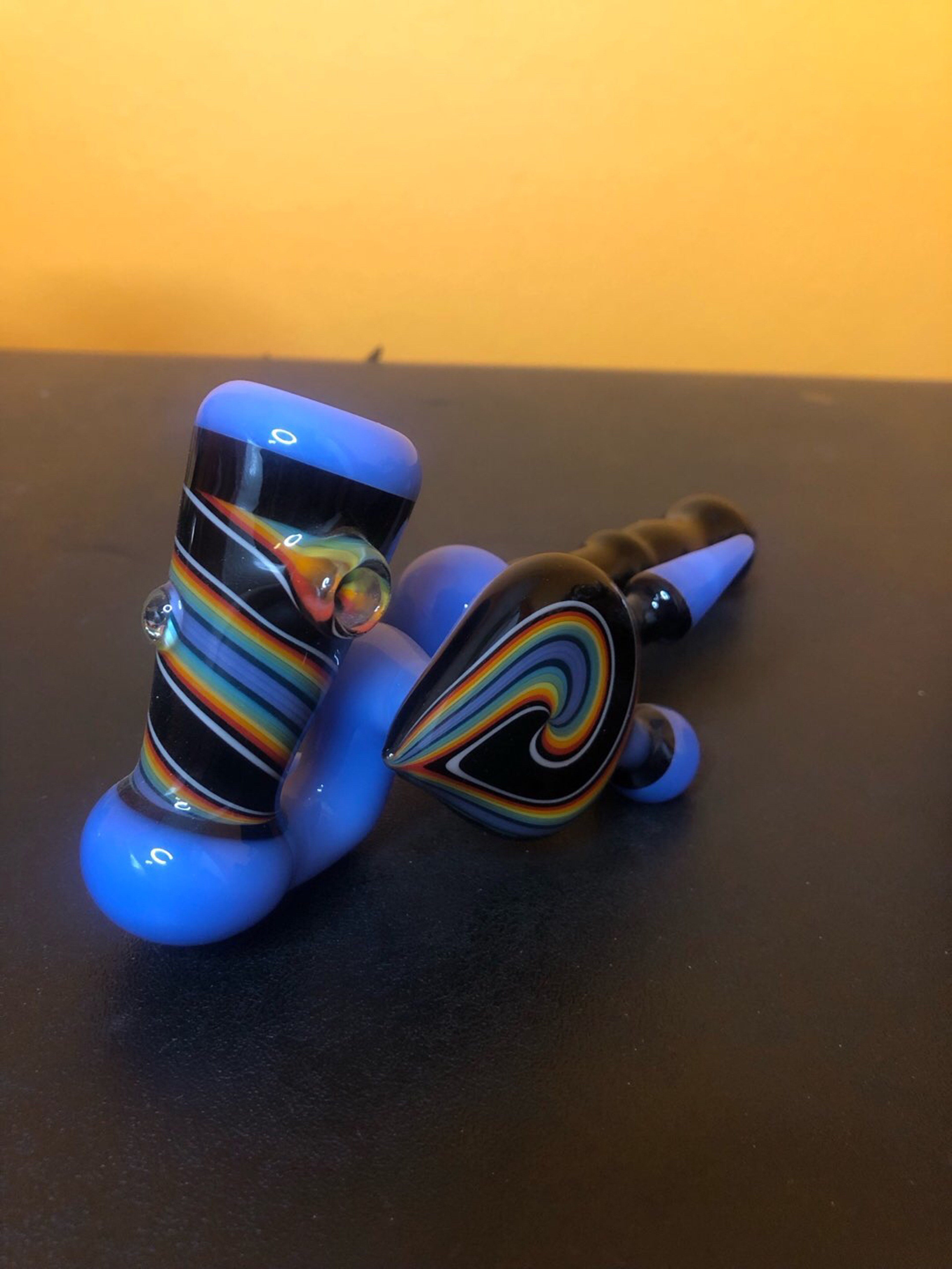 Preview pic of Blue and Rainbow Glass Hand Pipe