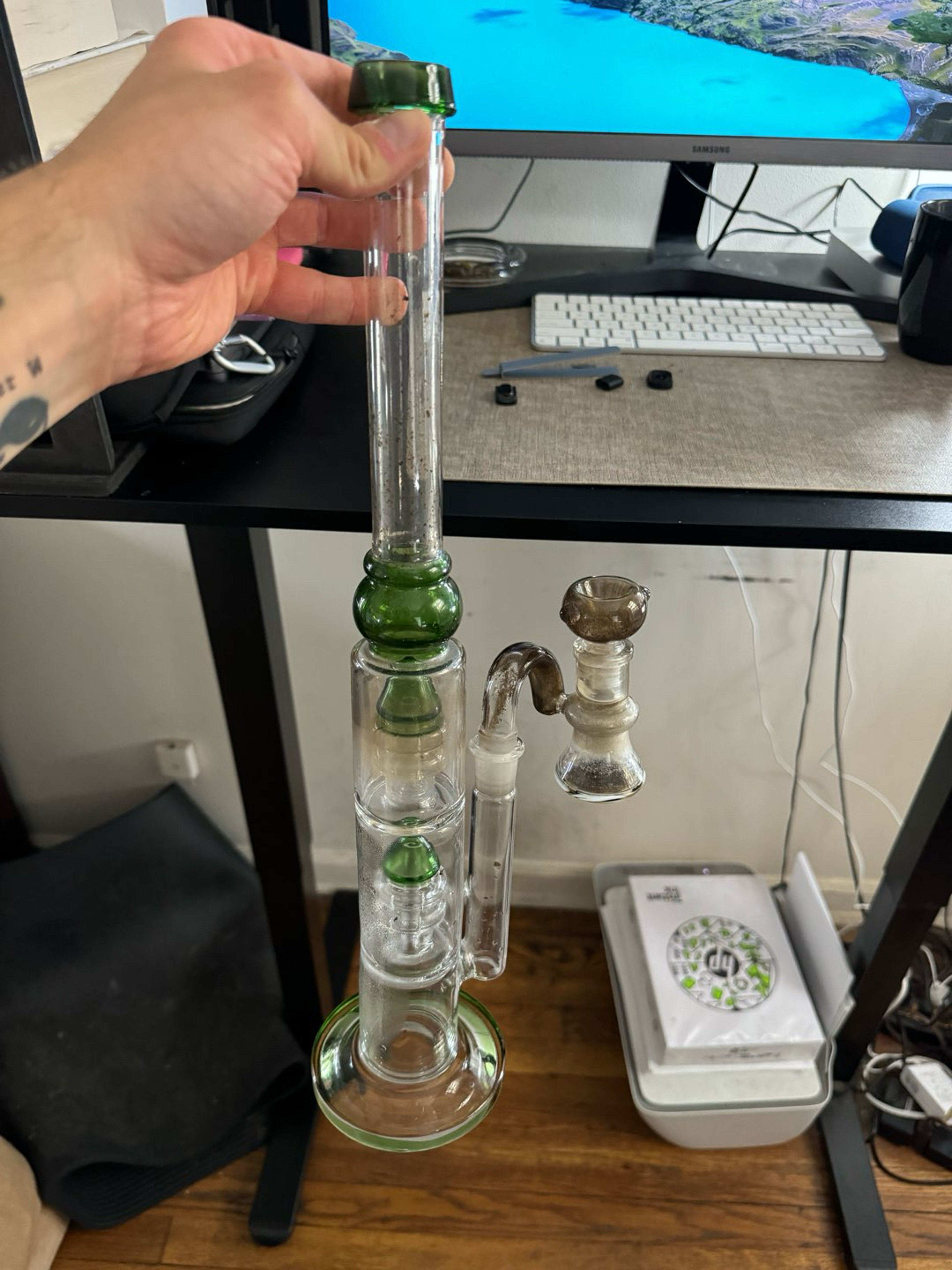 Preview pic of Double-Chandelier Perc Bong Ash Catcher Combo