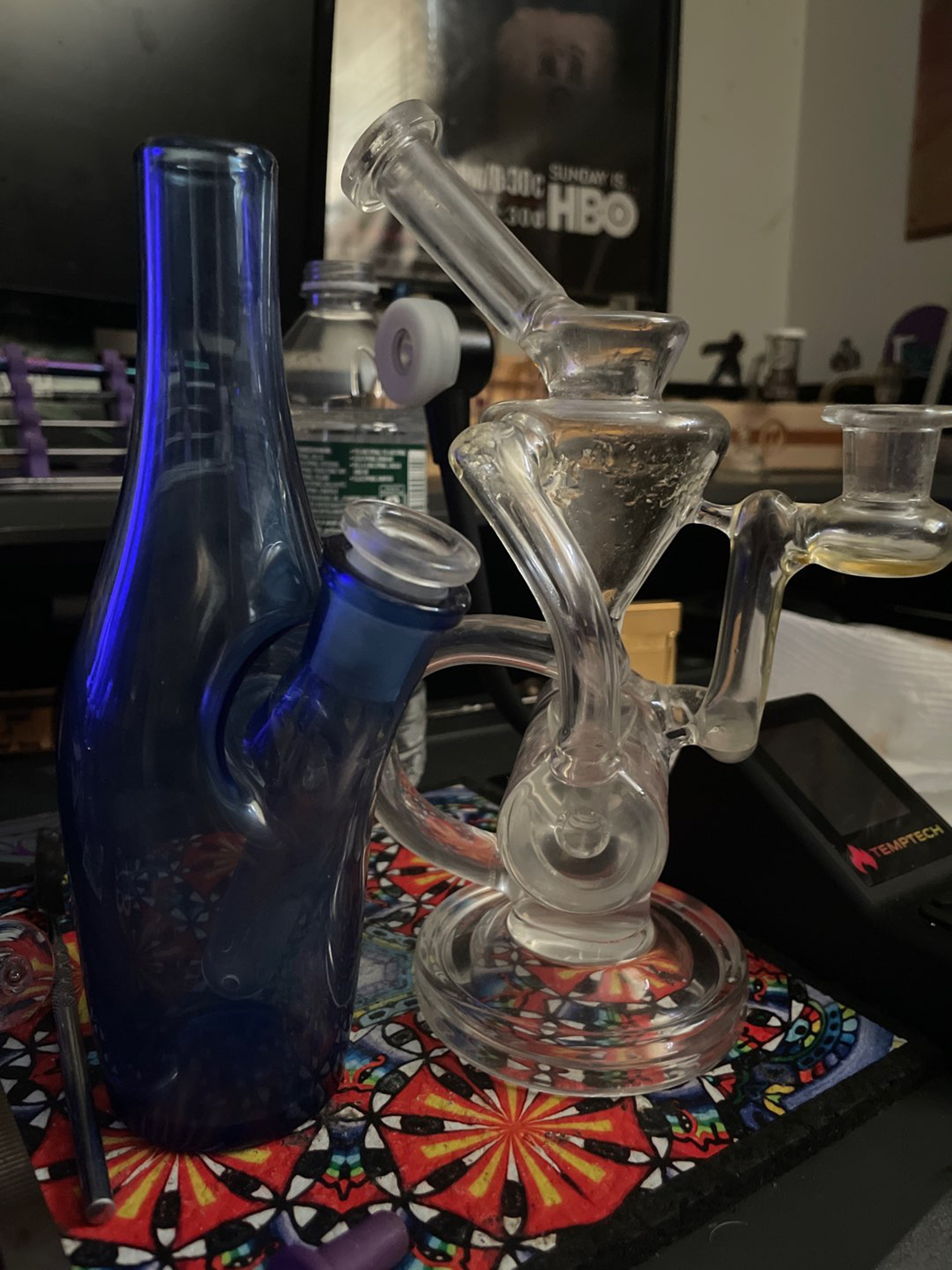 Preview pic of 2 rigs for $50, Greek Glass Saki Bottle and Biao recycler + hybrid slurper (new) 14mm.