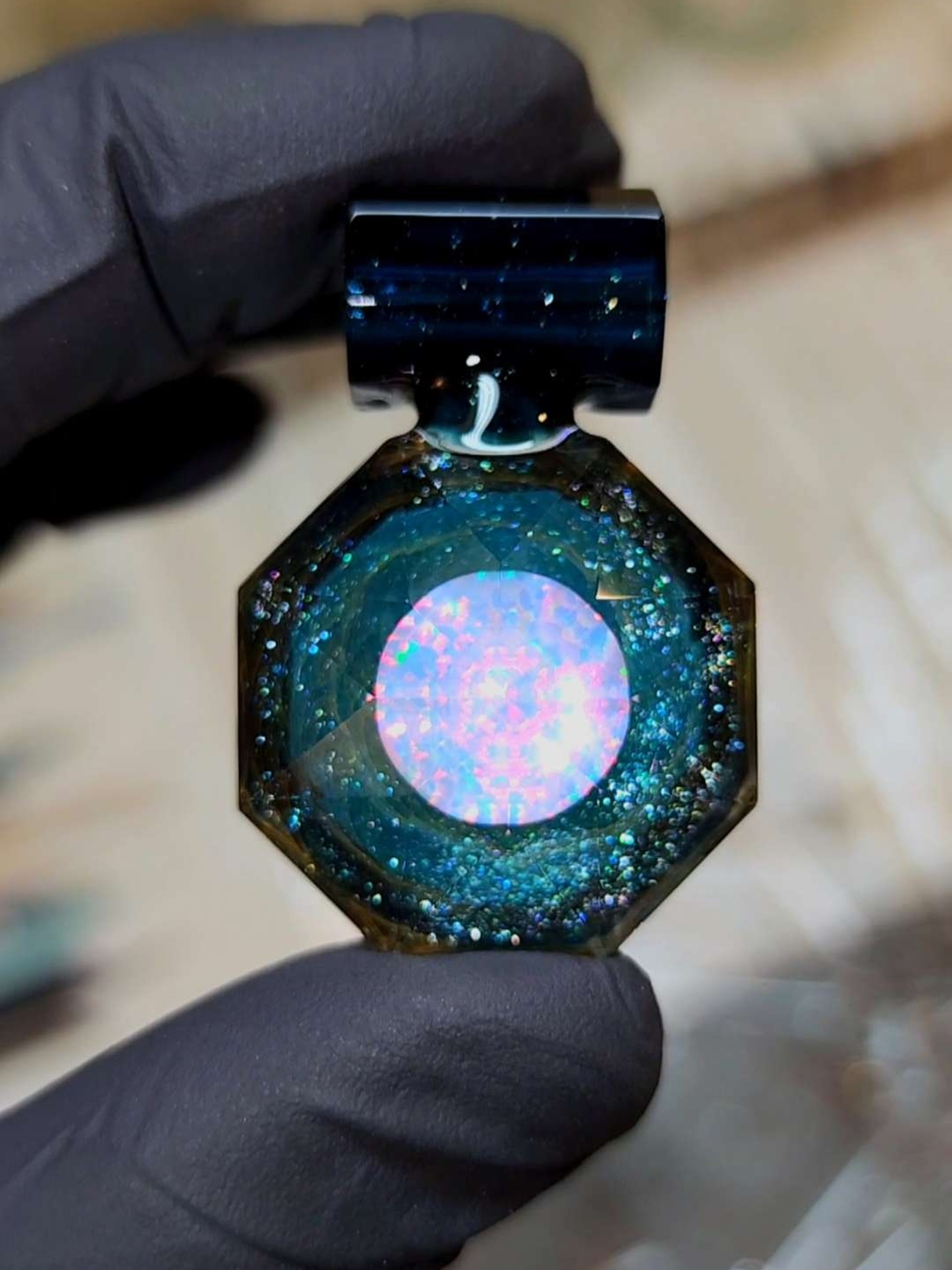 Preview pic of Faceted Fume Heavy Blue Stardust Opal Gem Pendant
