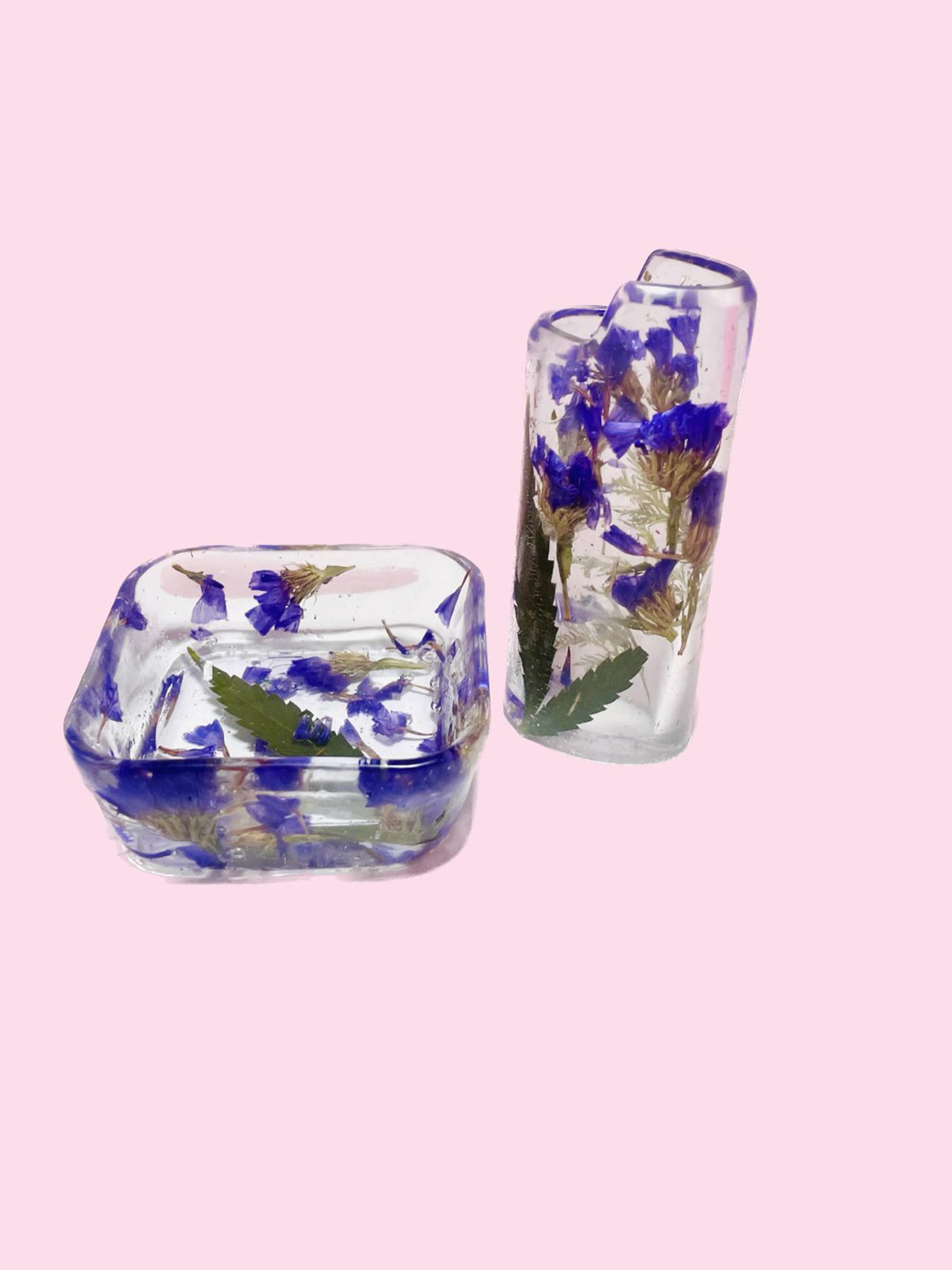 Preview pic of Handmade Smoking Accessory Kit - Real purple flowers & plants resin lighter cover, heart dish