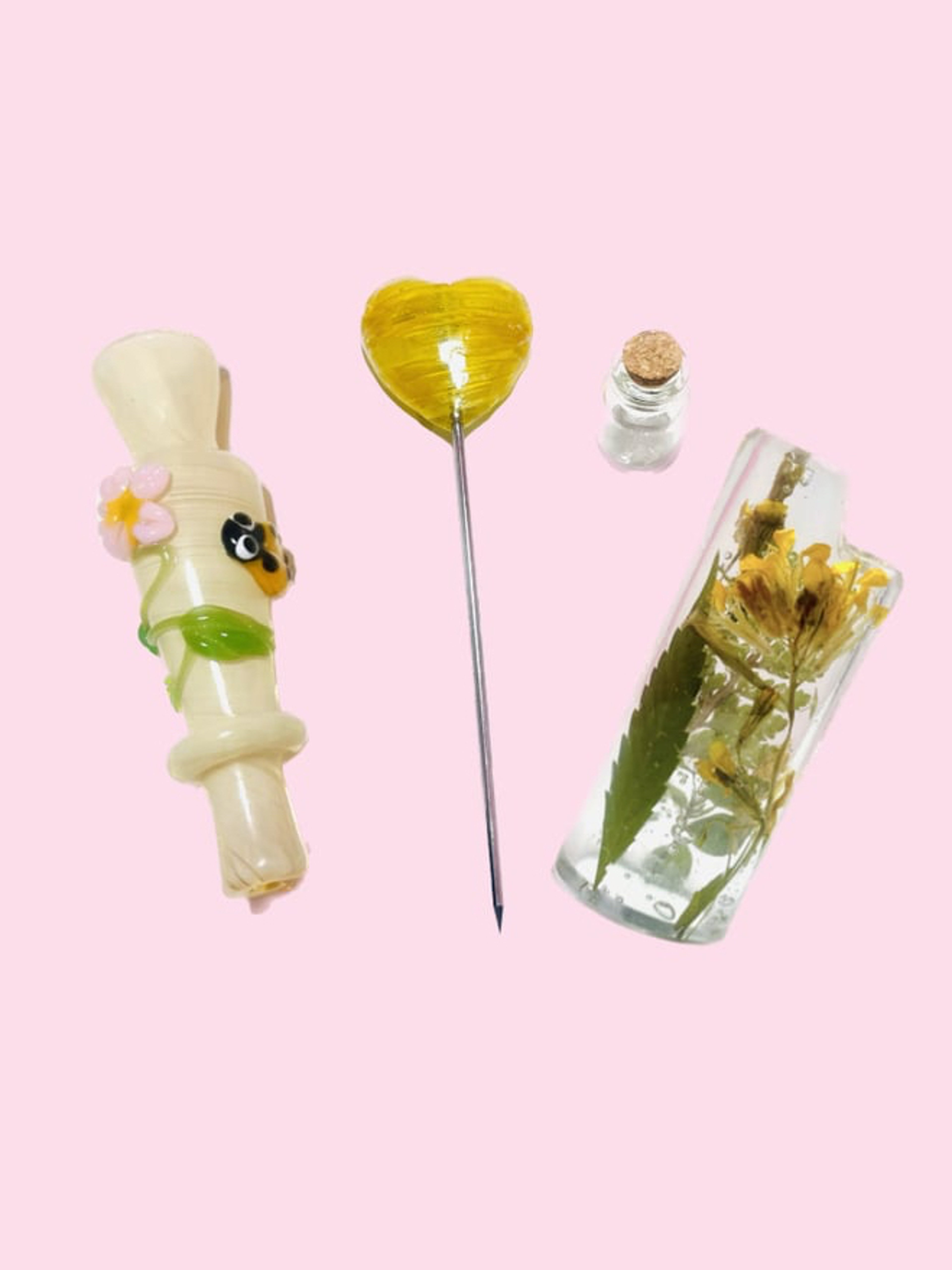 Preview pic of Chillum kit- yellow Flower & lady bug chillum, daisy heart poker, lighter cover