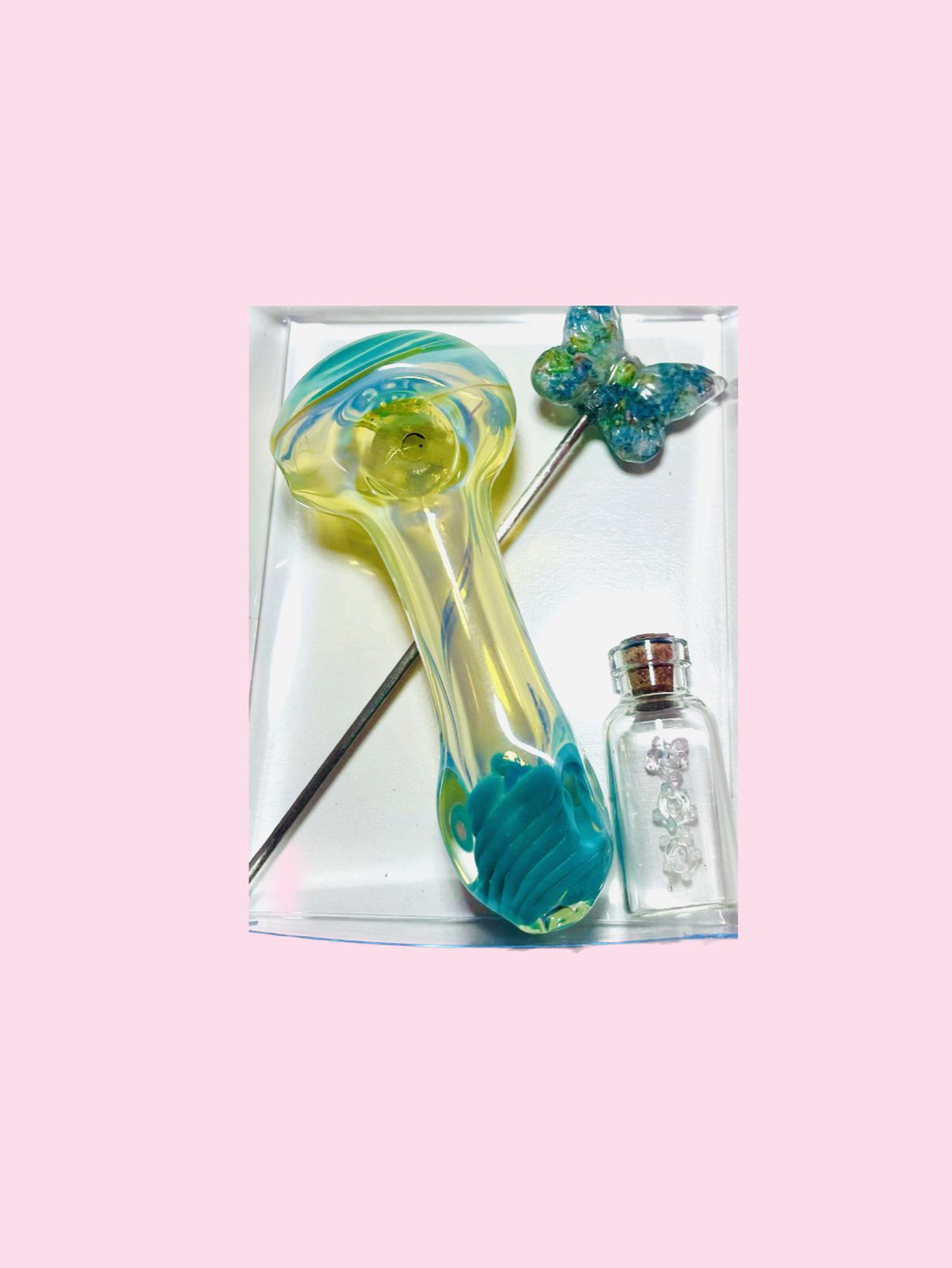 Preview pic of Candy Clouds Pipe Kit - Teal spoon pipe with handmade teal butterfly resin baby’s breath poker