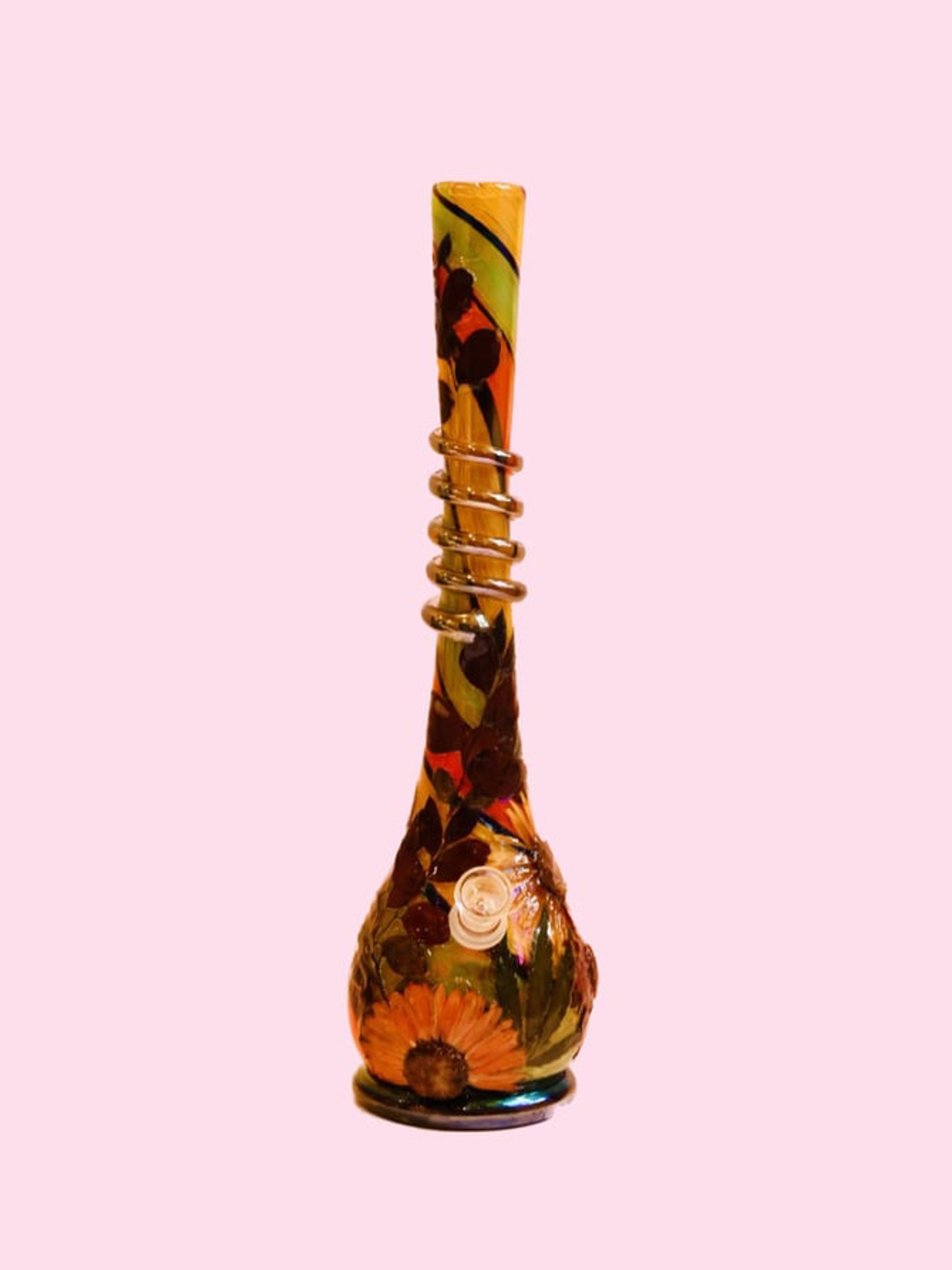 Preview pic of 15” heavy vintage style bong decorated with real flowers & plants