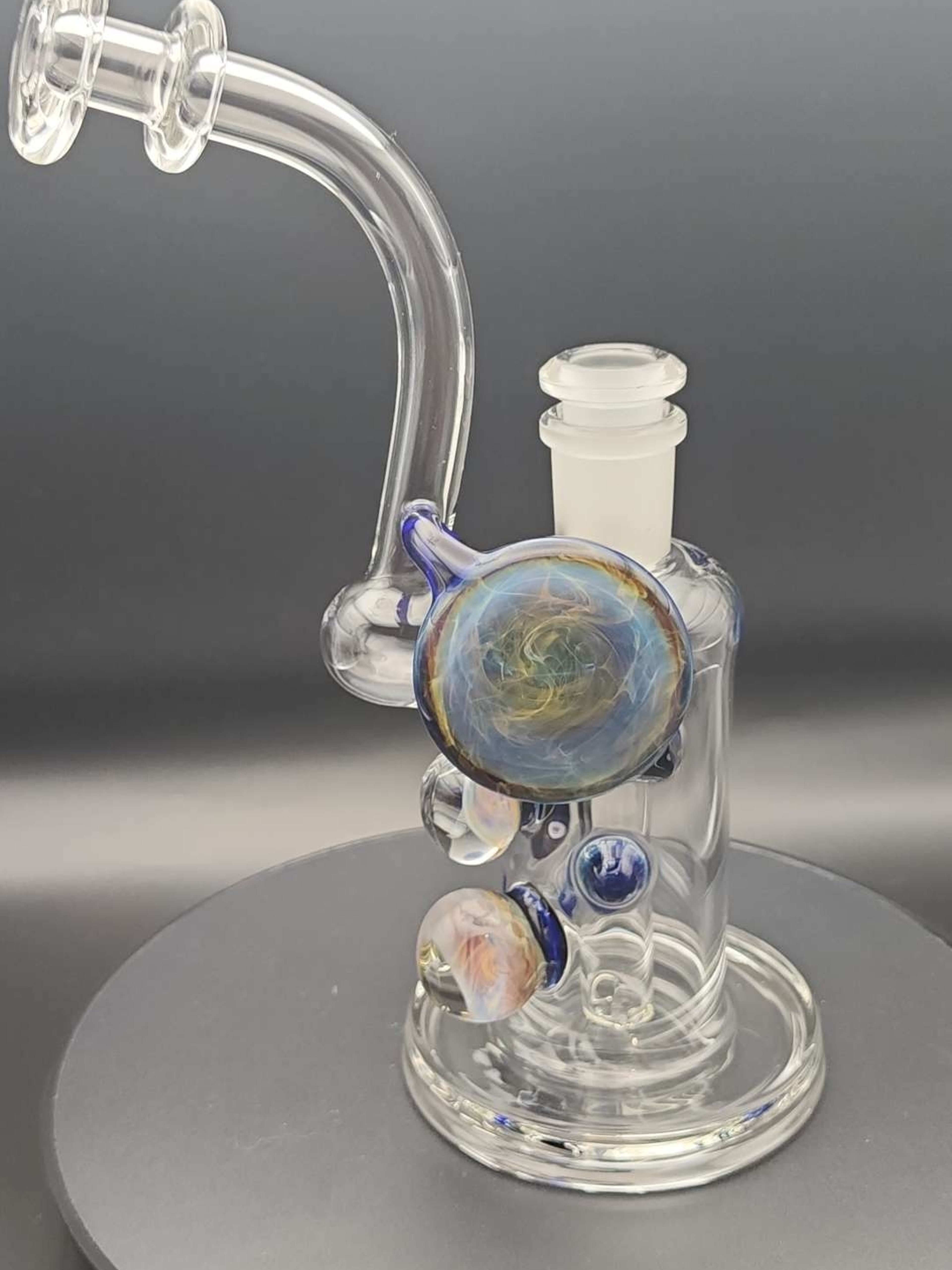 Preview pic of BeerGlass Clear Bubbler with Cobalt-Blue Chaos Accents and Matching Topper with Stand