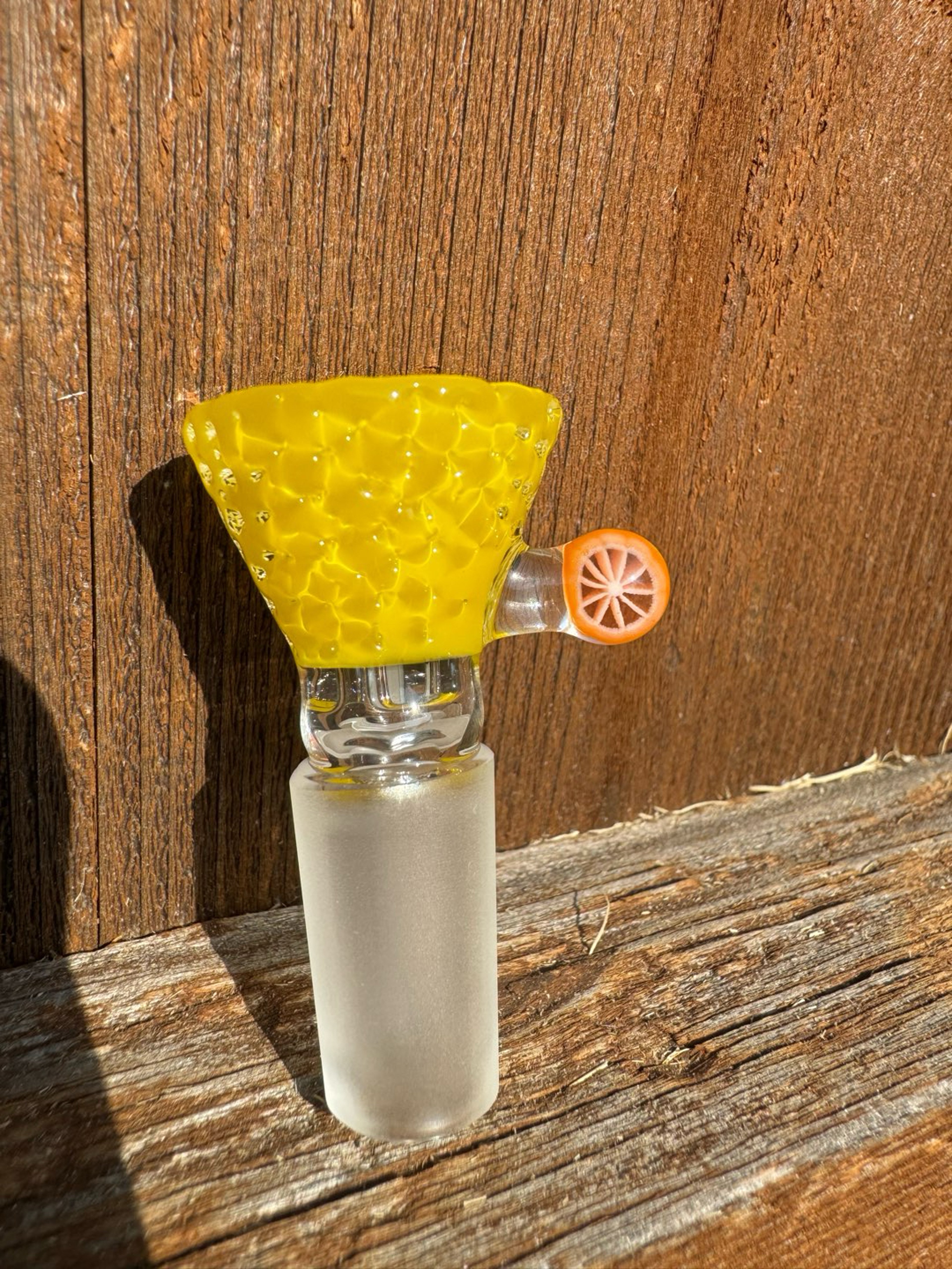 Preview pic of Lyons glass textured 14mm Lemon slide with Orange handle