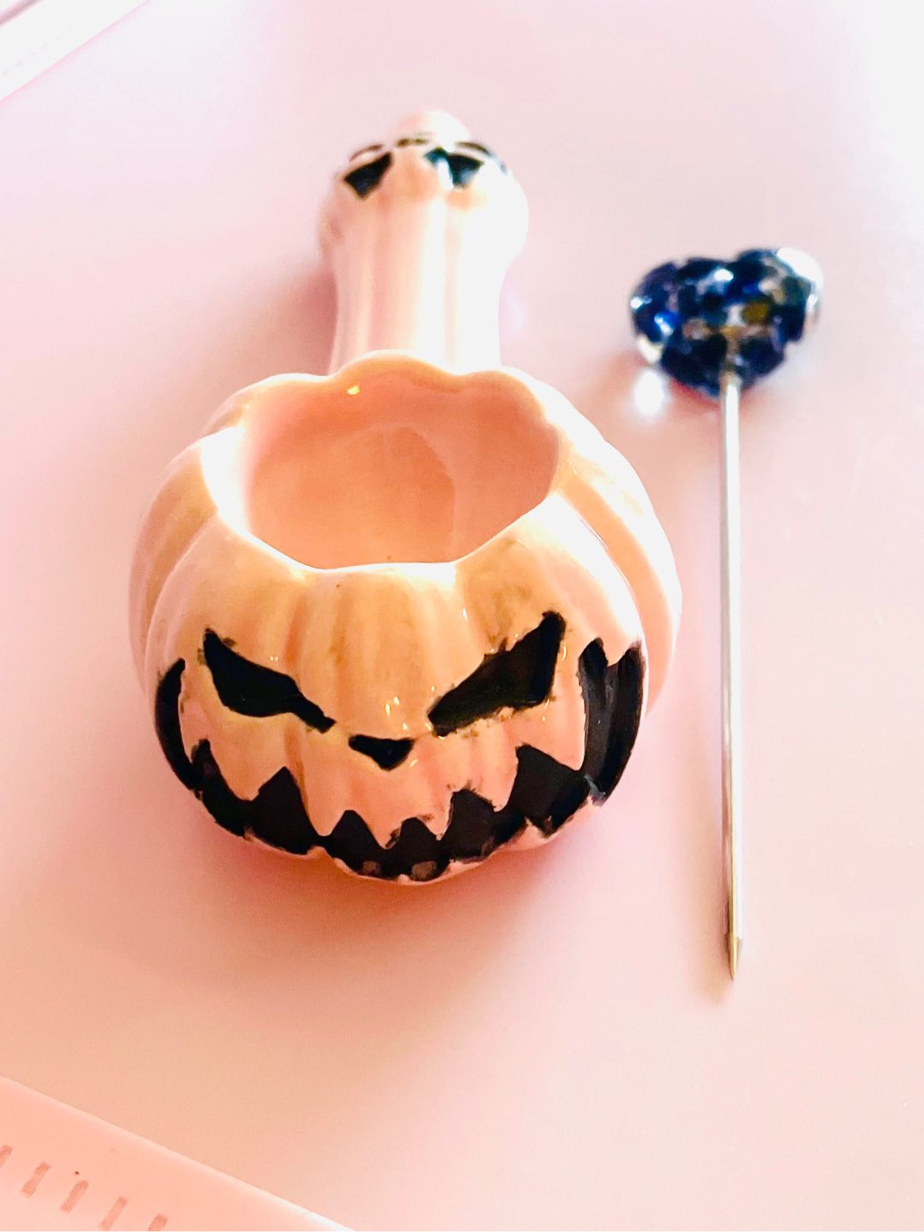 Preview pic of Handmade Pink Ceramic Pumkin with Black heart Poker