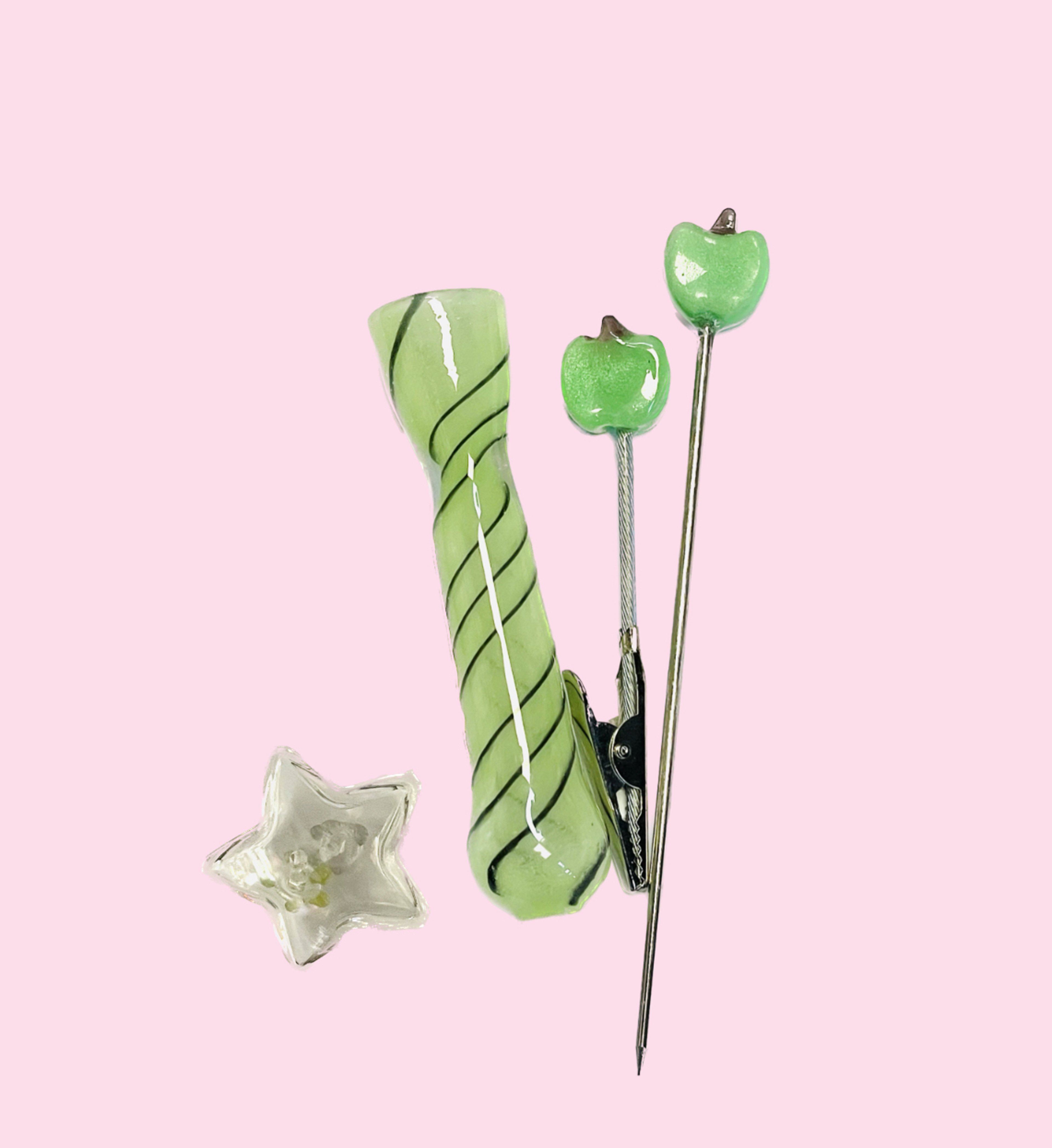 Preview pic of Green Apple Chillum set with Poker and Roach clip