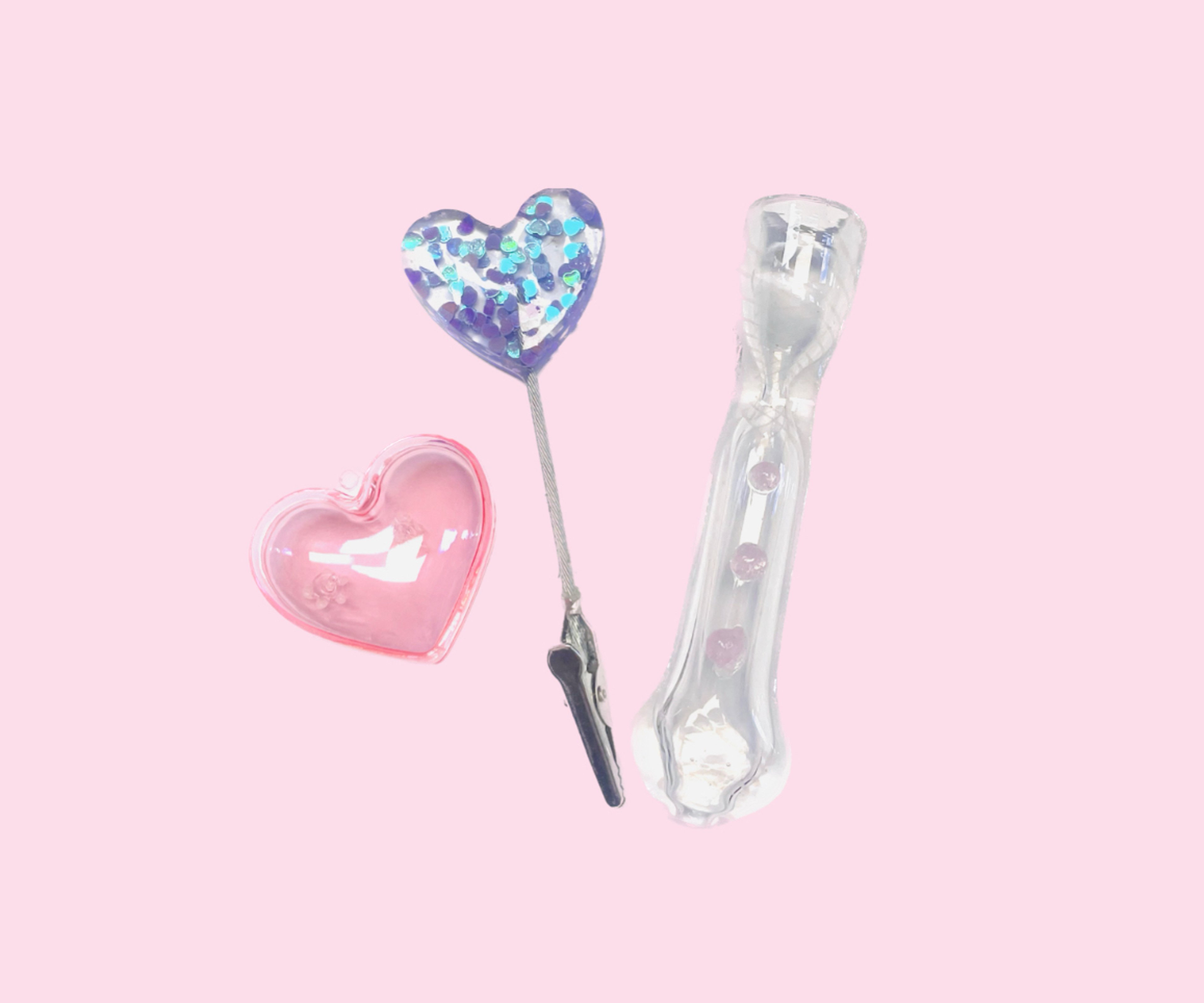 Preview pic of Purple Heart Roach Clip and Pink Glass Chillum Set