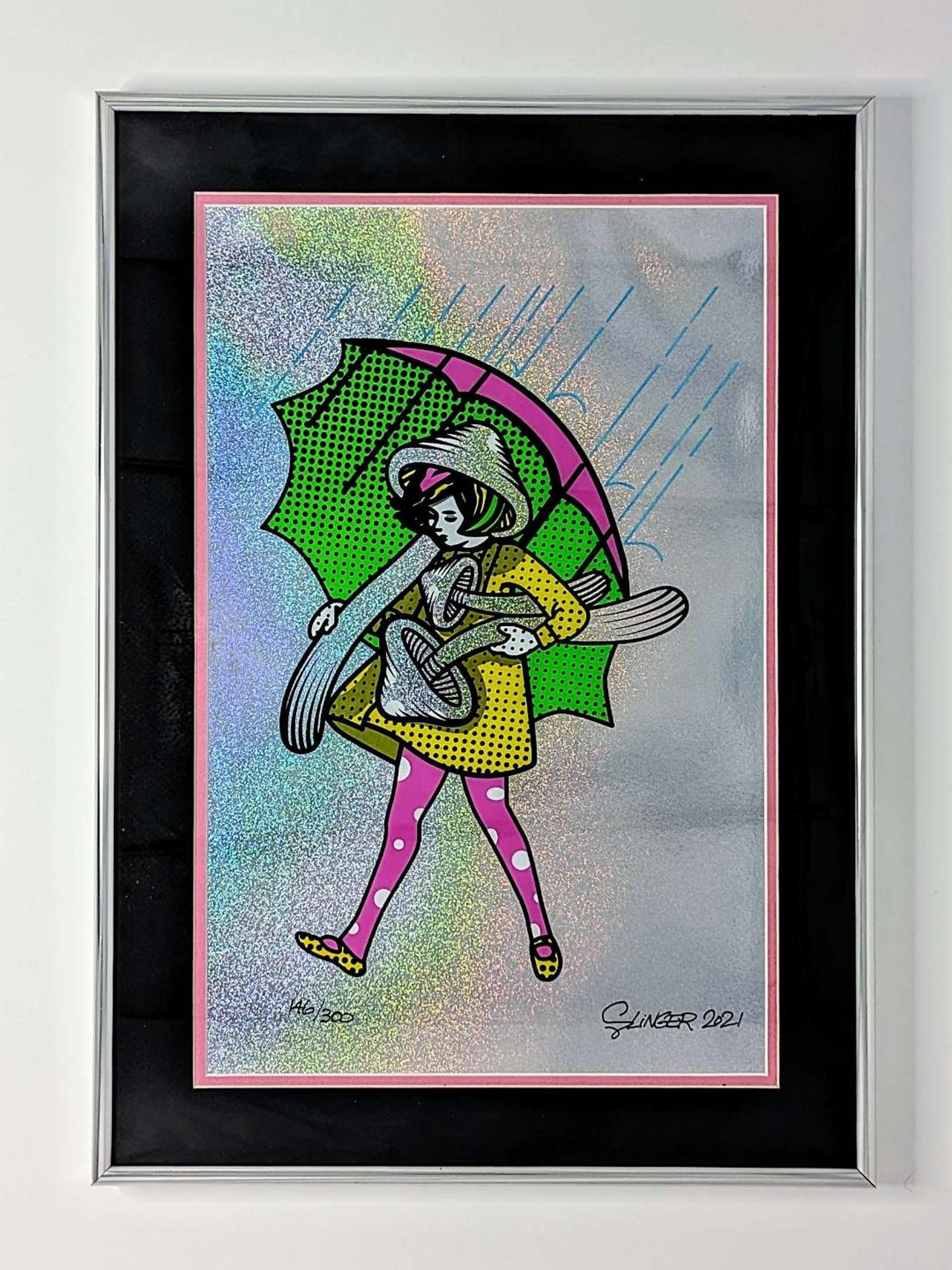 Preview pic of Slinger x Pyroscopic "Neon Shroom Girl" Sparkle Foil Print - Custom Framed