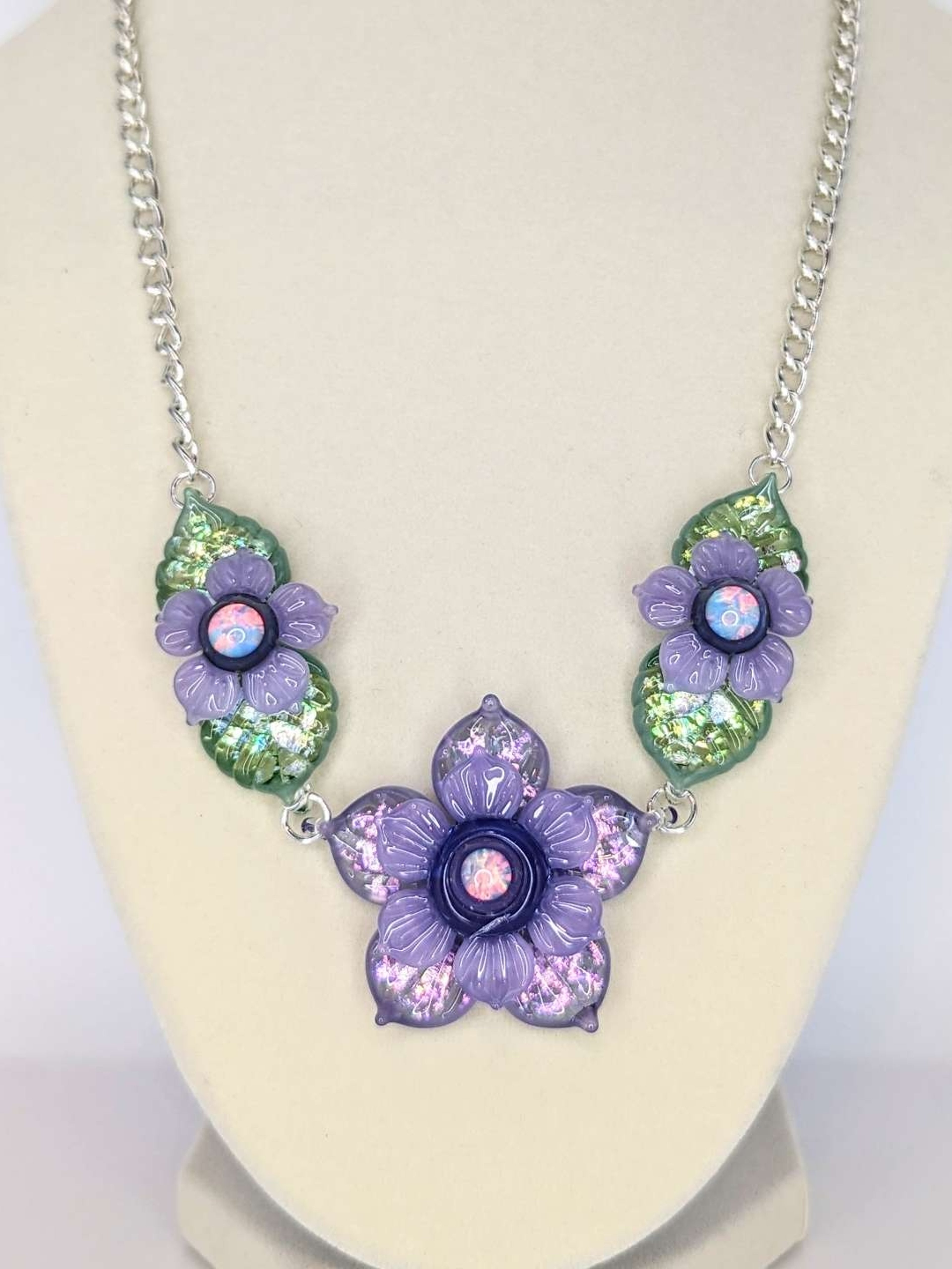Preview pic of Mars "Sparkly Purple and Green Floral Linked Choker Chain" Necklace