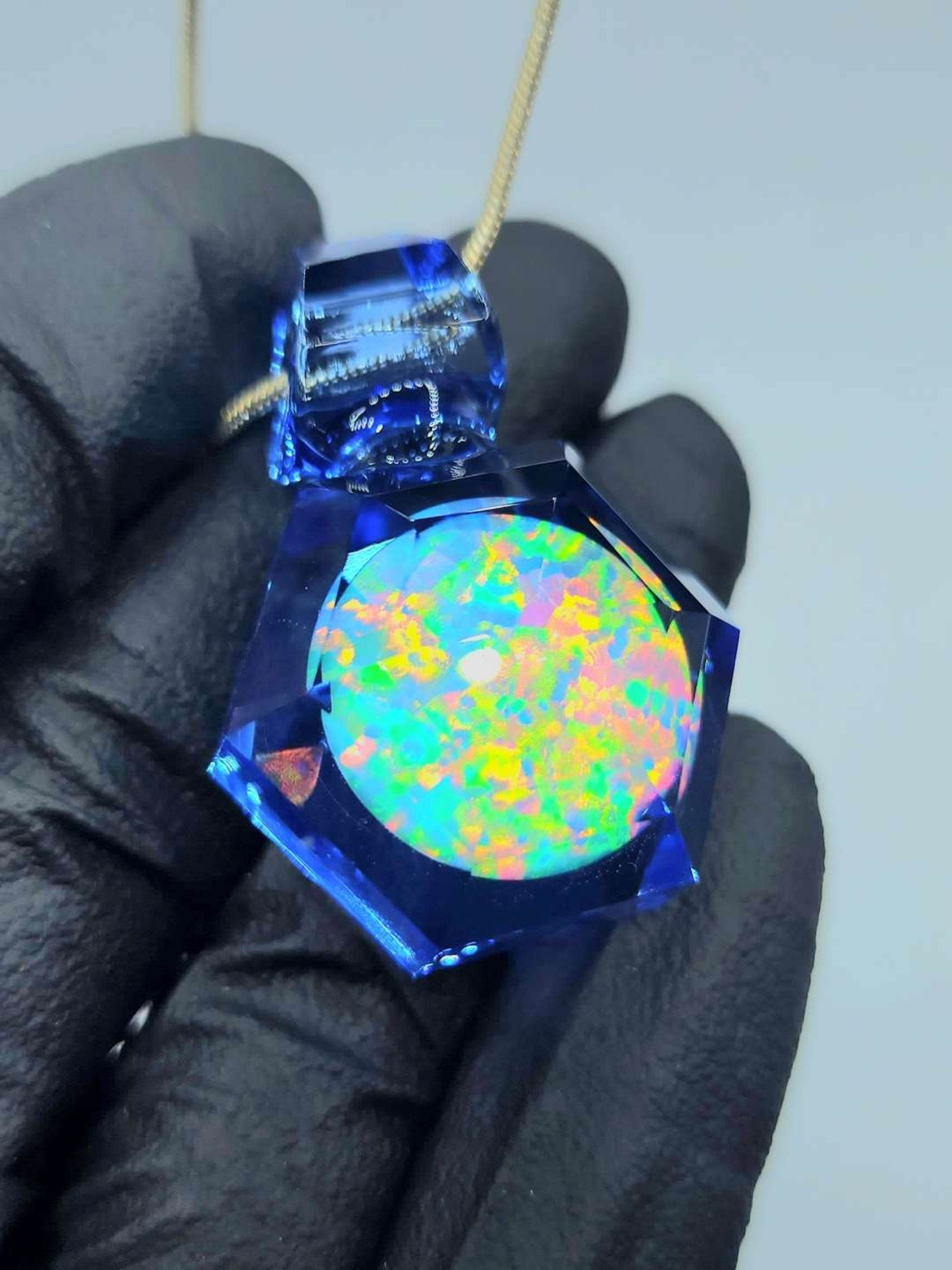 Preview pic of Hexagon Faceted 15mm Opal Gem Pendant (Blue Dream)