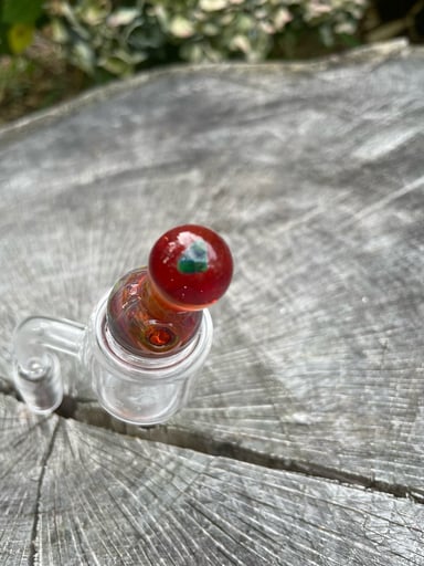 Preview pic of Red Handblown Bubble Cap with Green Gemstone