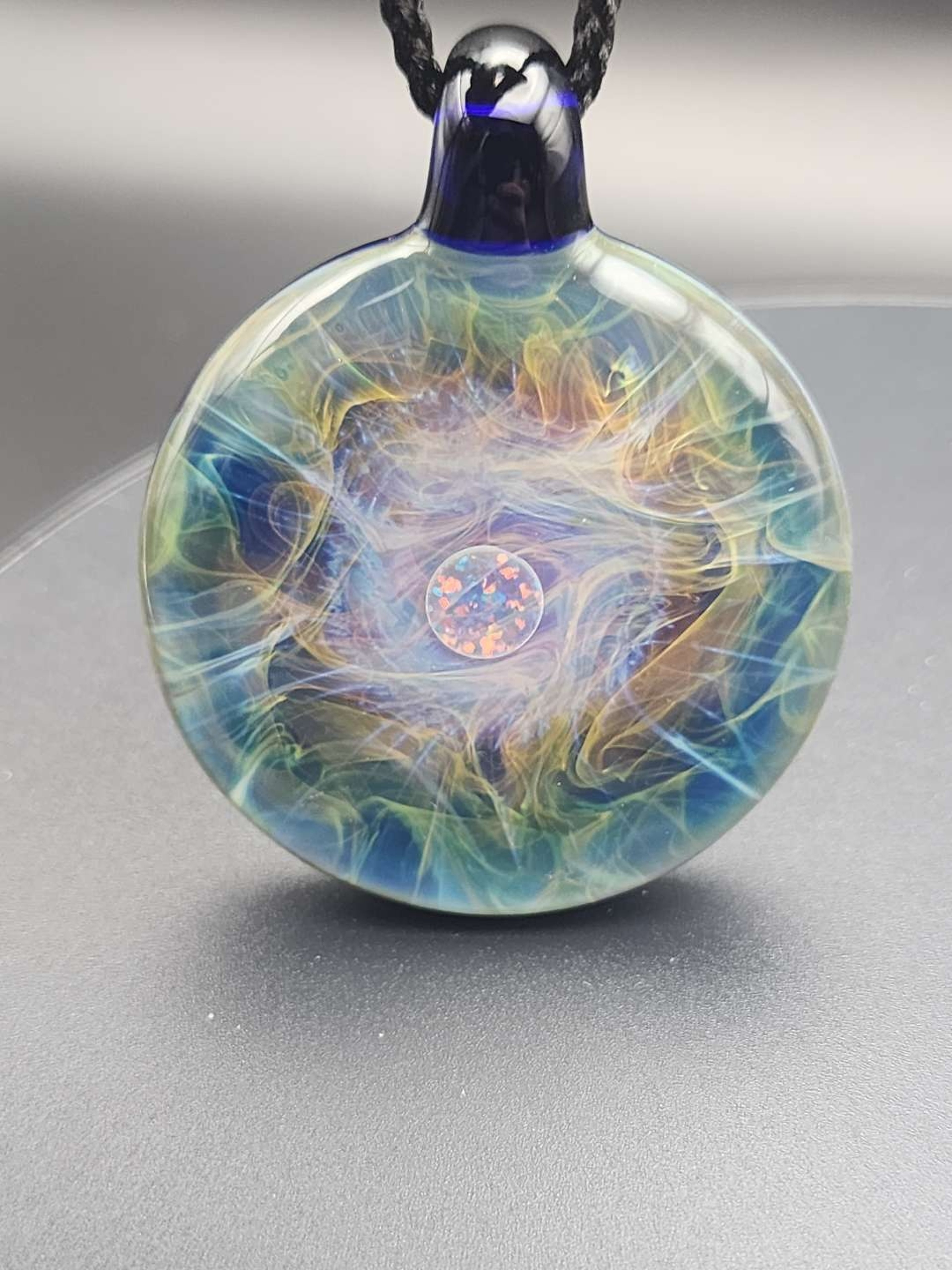 Preview pic of Beer Glass Cobalt Blue Chaos Medalion Pendant with Layer Opal
