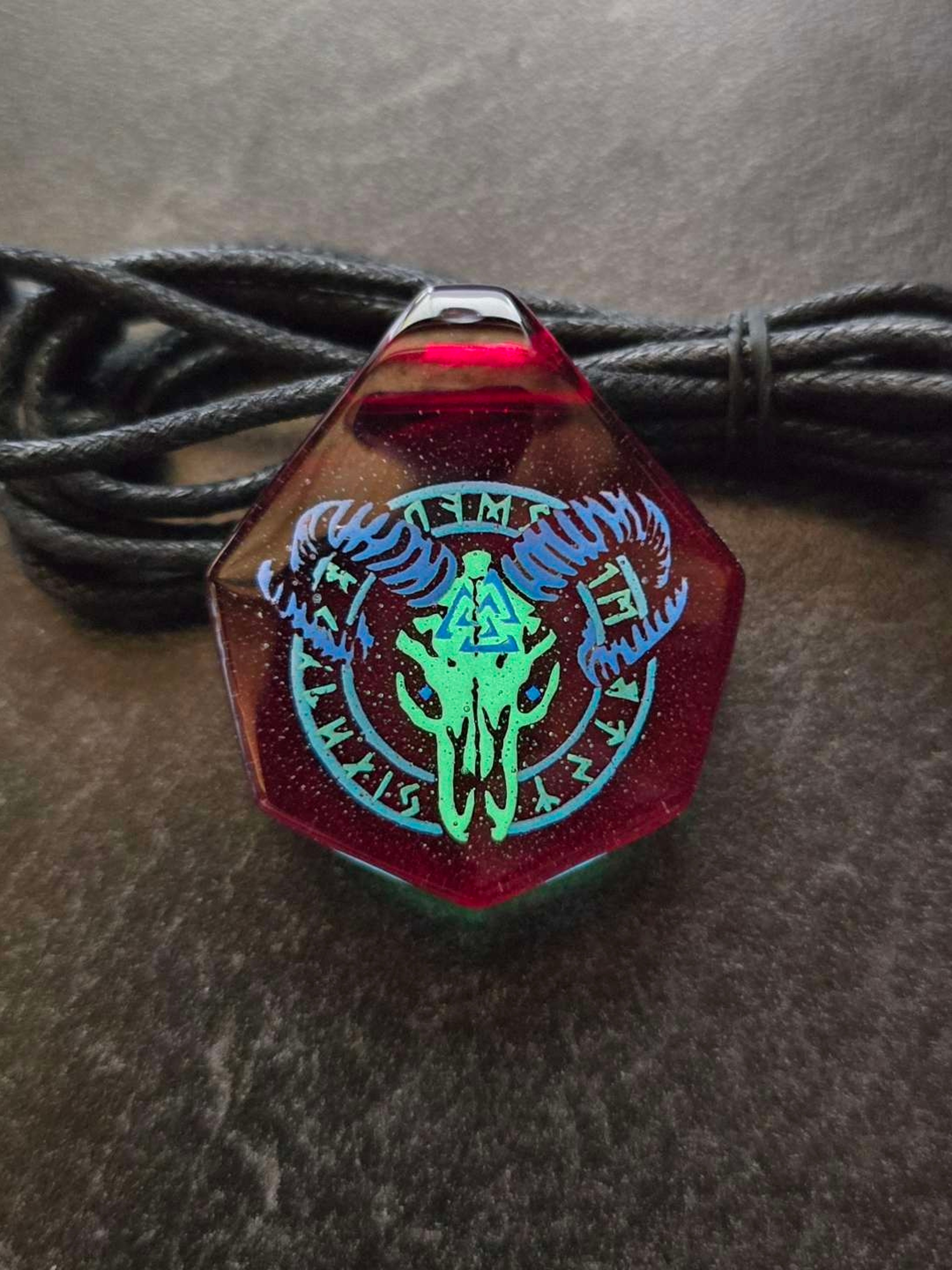 Preview pic of Glow in the Dark Viking Ram Skull Layered Pendant