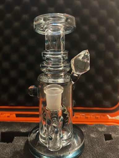 Preview pic of Hubbard glass worked ball rig in blue stardust shipped w/case