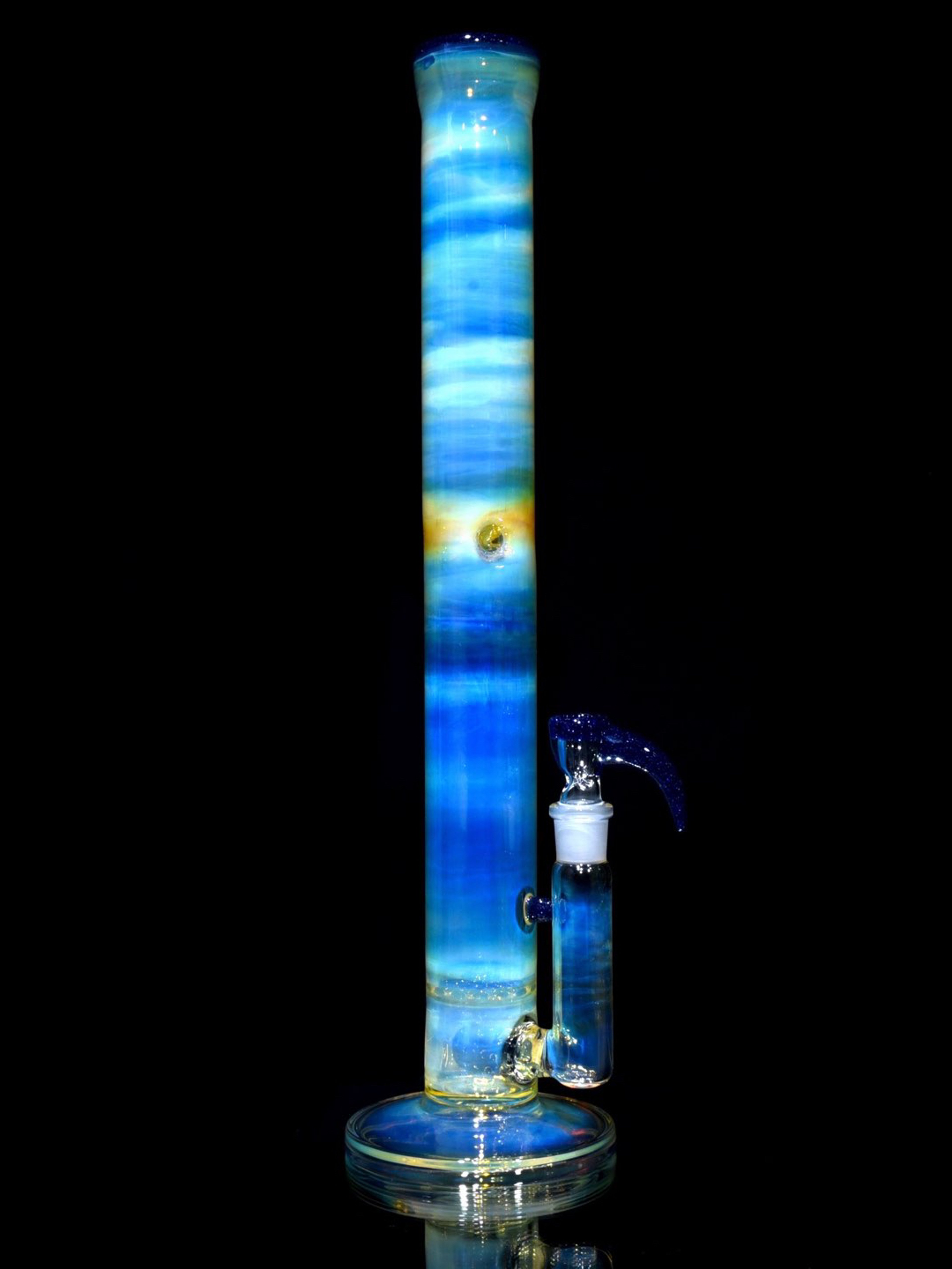 Preview pic of Fluid Glass - Fully-fumed & Accented 50mm Nautilus Straight Tube w/ 3-hole Horned Slide - Blue Blizzard - 18mm Female
