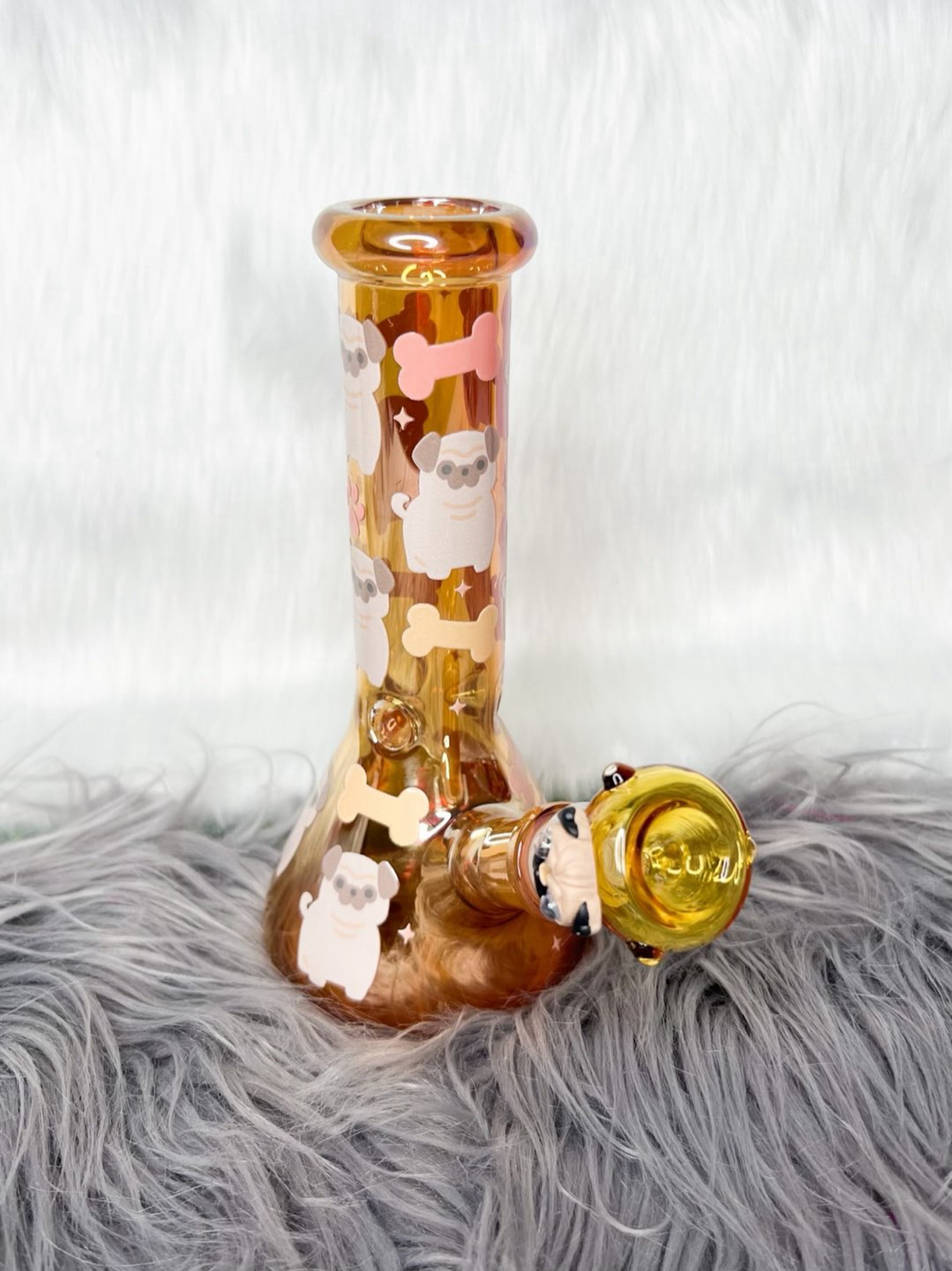 Preview pic of Pug Dog 8 Inch Amber Iridescent Beaker Bong