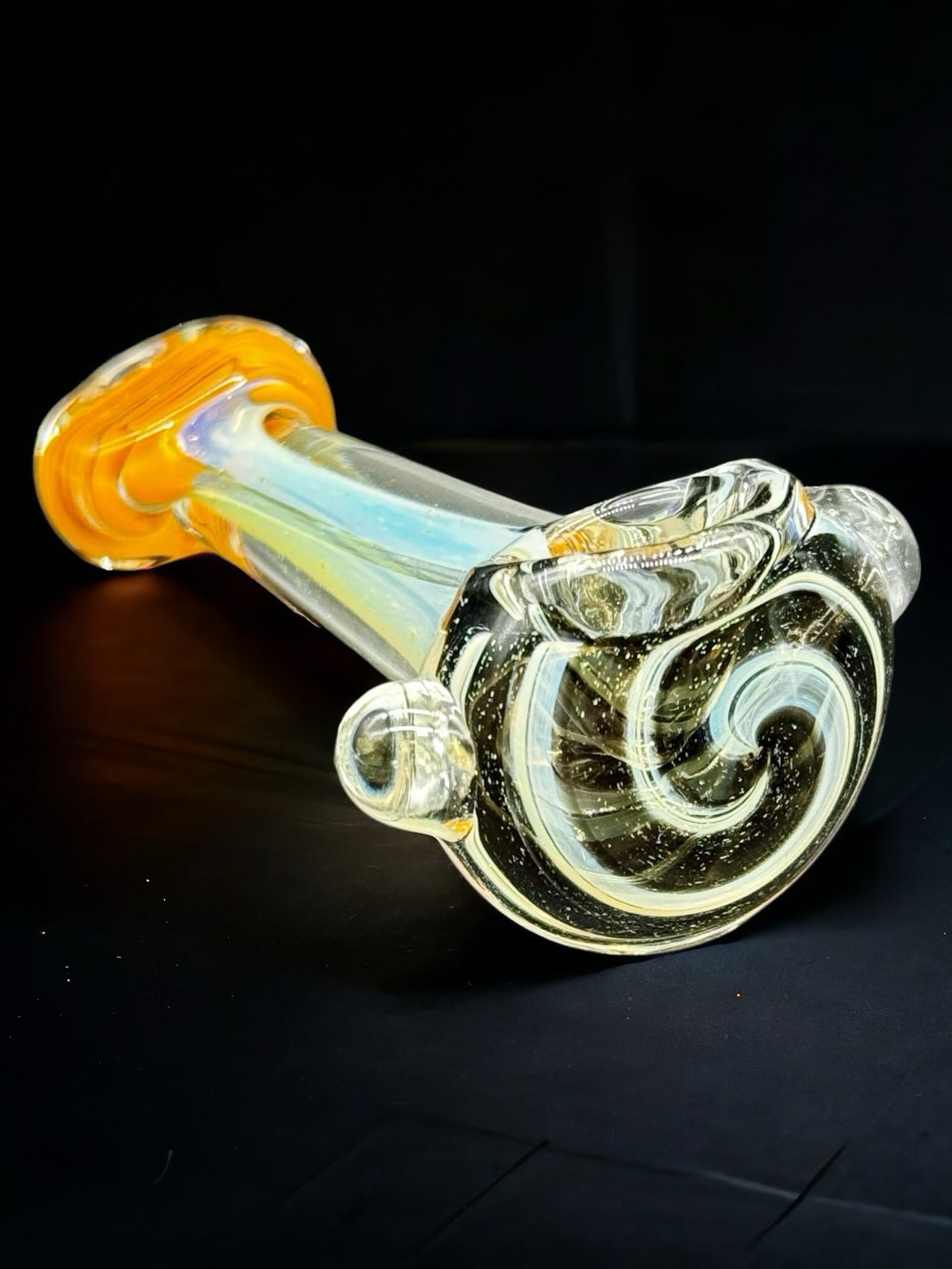 Preview pic of Clear Glass Spoon Pipe with Dichroic Design and Orange Accents”l