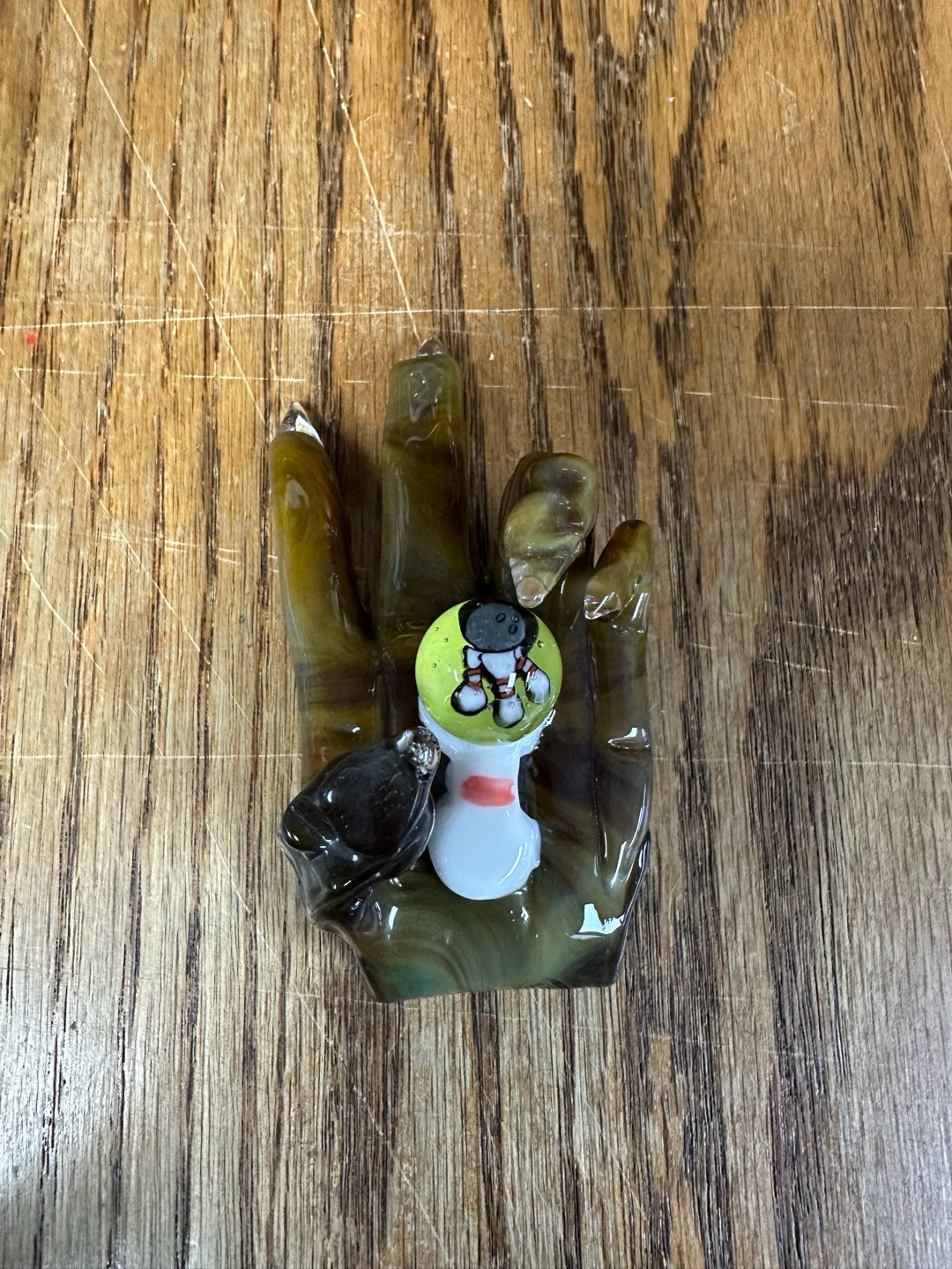 Preview pic of Stabby Joe Big Lebowski peace sign pendant amber fumed with UV lucy & Illuminati custom Millie