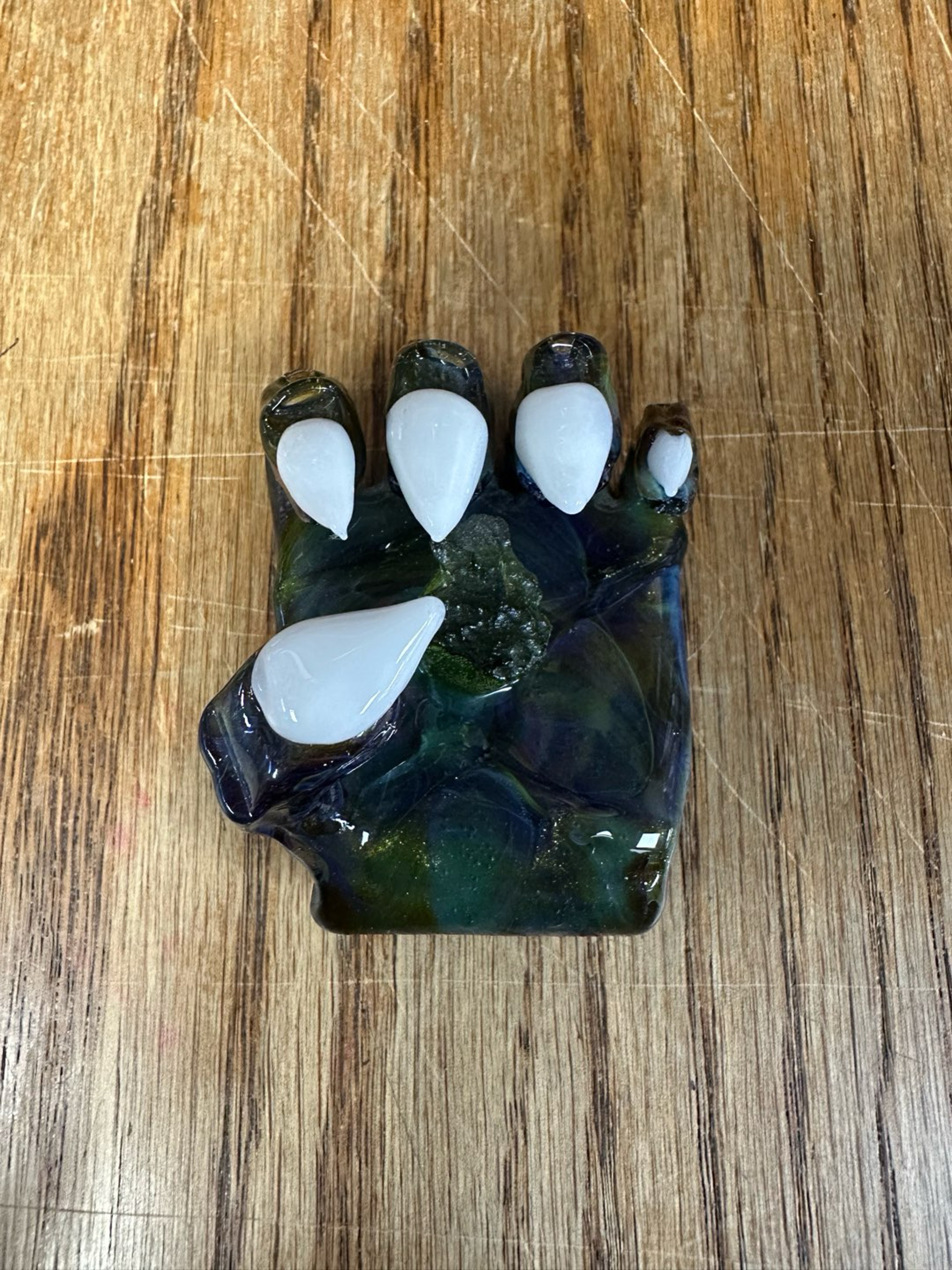 Preview pic of Stabby Joe custom moldavite hand pendant with UV Illuminati and lucy pink
