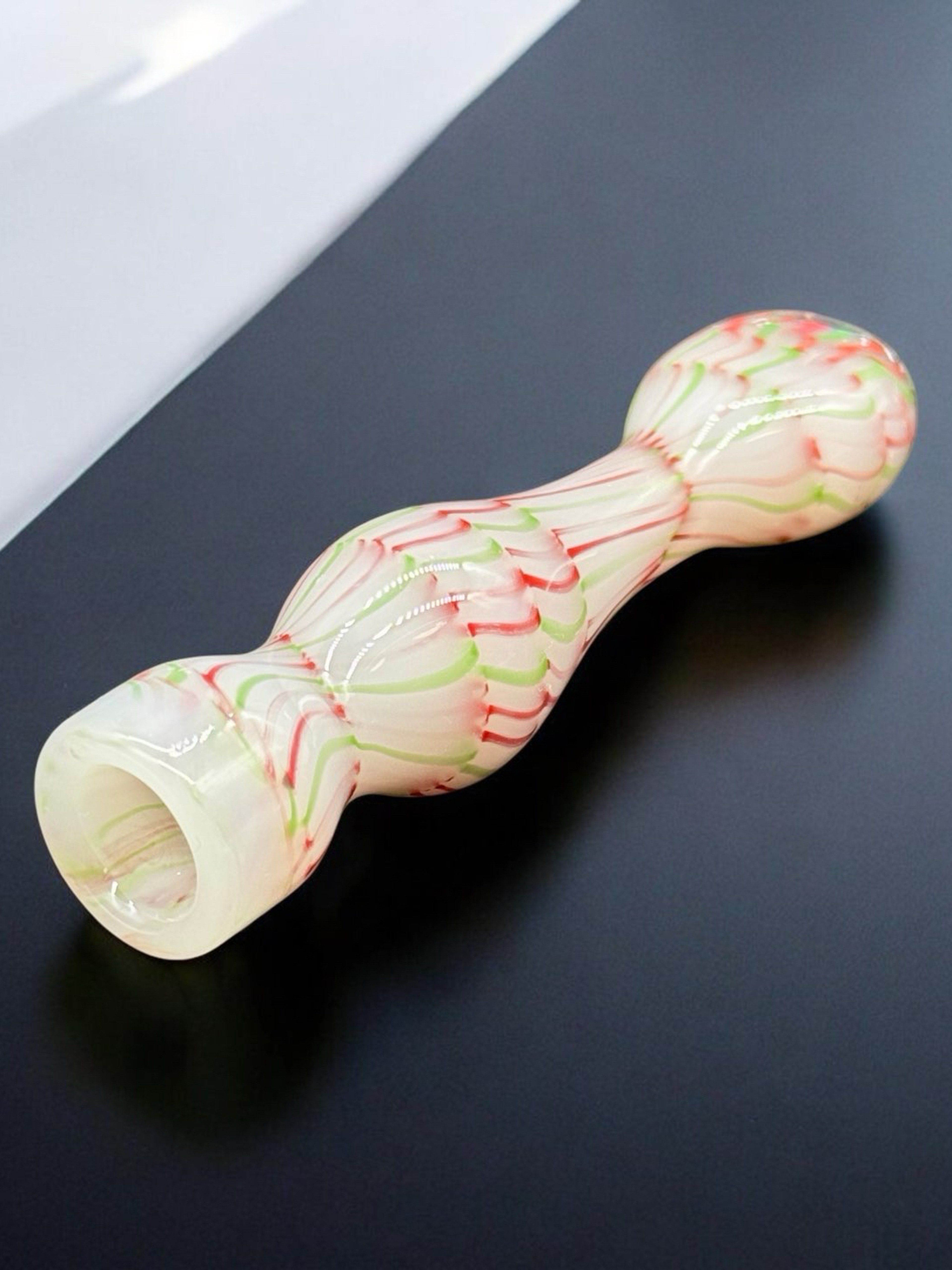 Preview pic of Modern Chillum Glass Pipe with Red and Green Accents