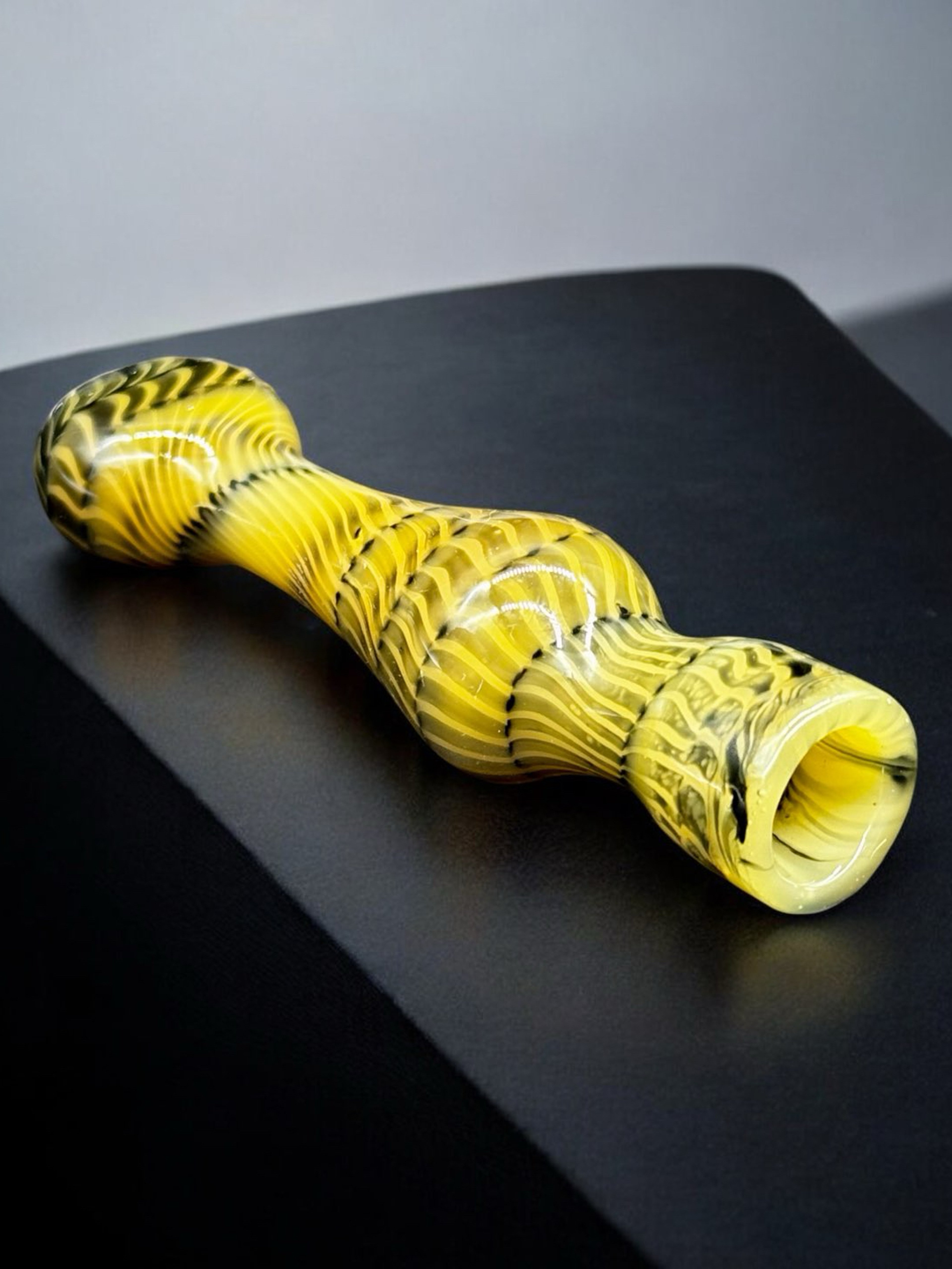Preview pic of Yellow Swirl Design with Black Accents Chillum Glass Pipe