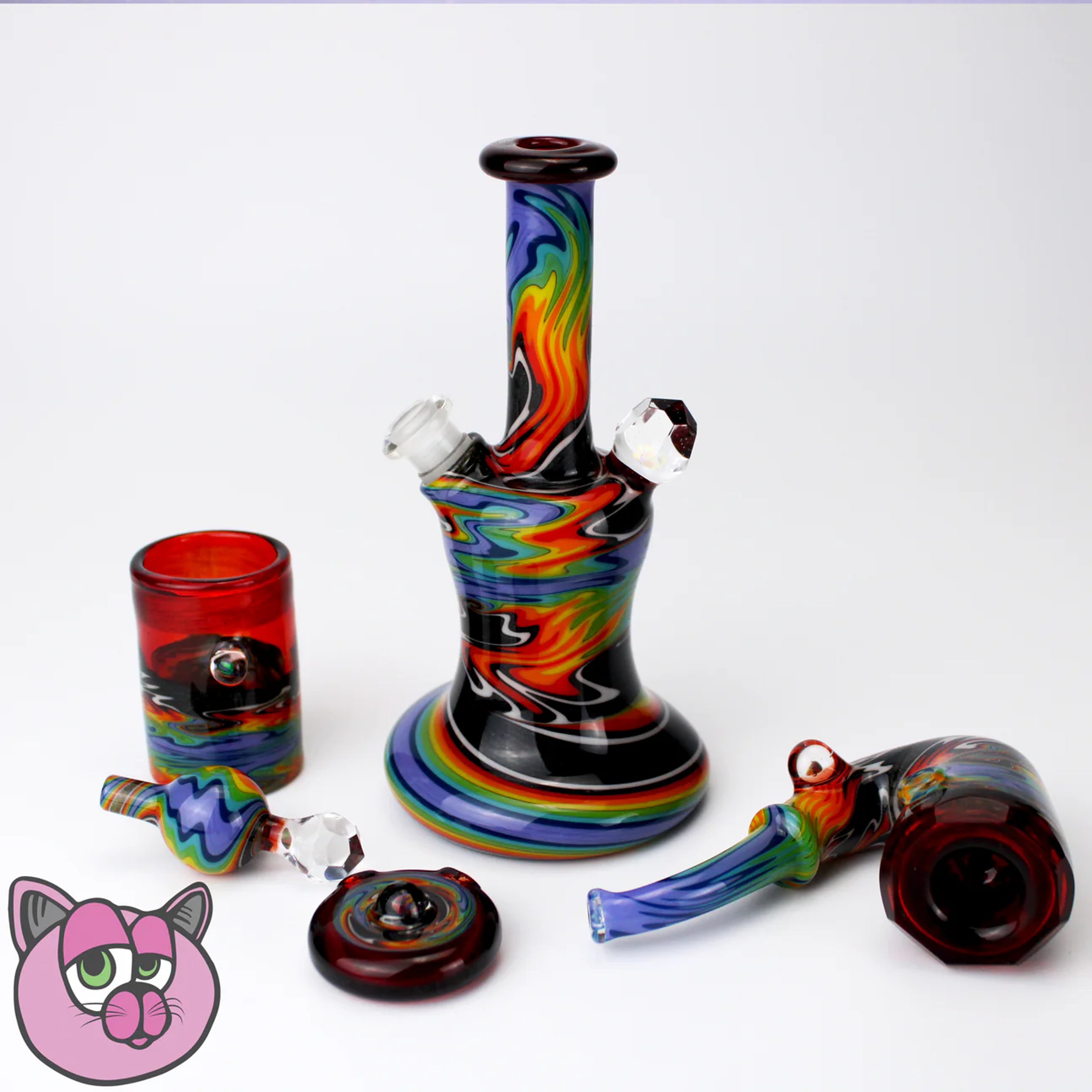 Preview pic of Busha Glass 5pc Faceted Black/Rainbow Set