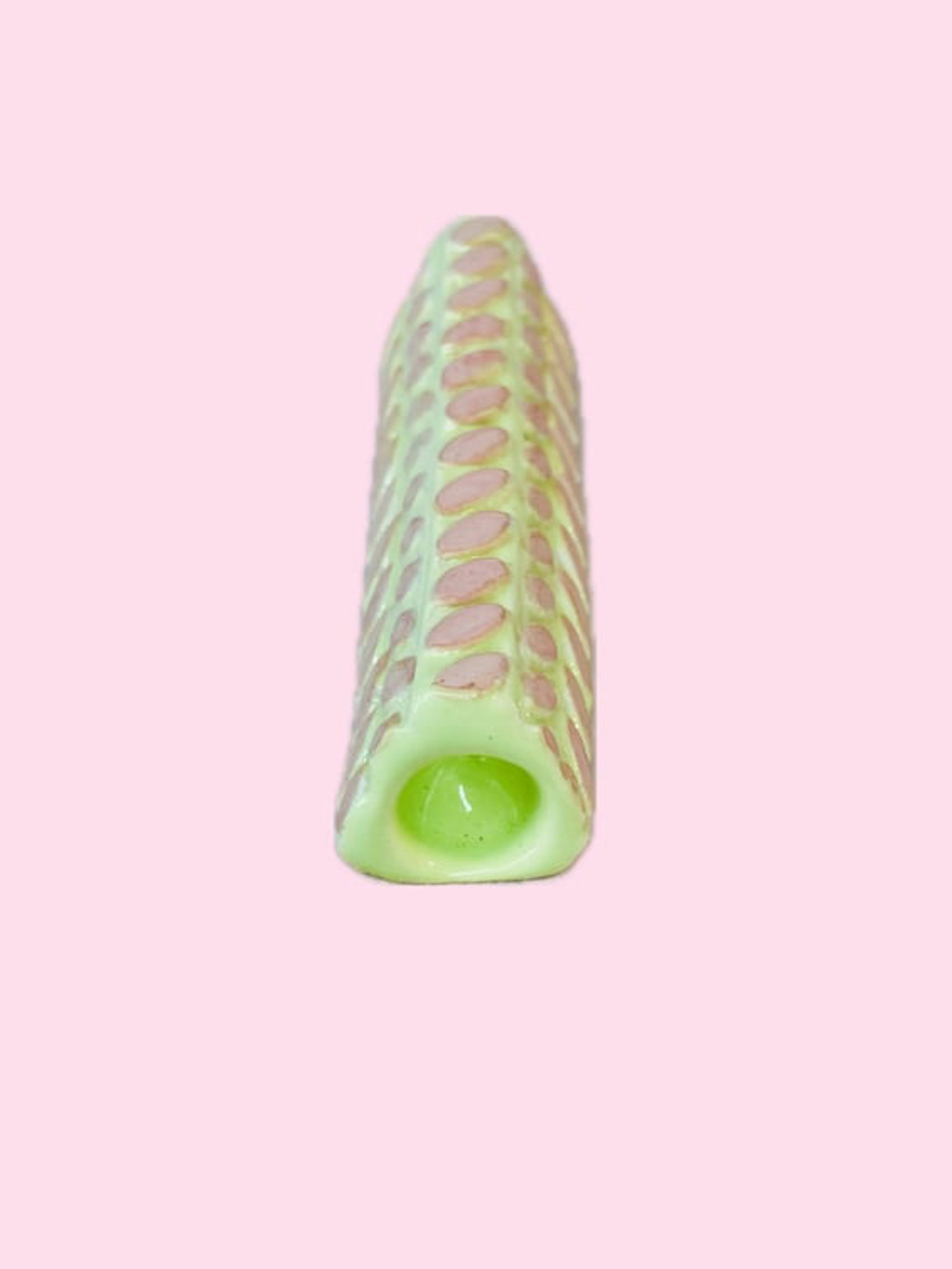 Preview pic of Handmade Green and Pink Triangle shaped ceramic chillum