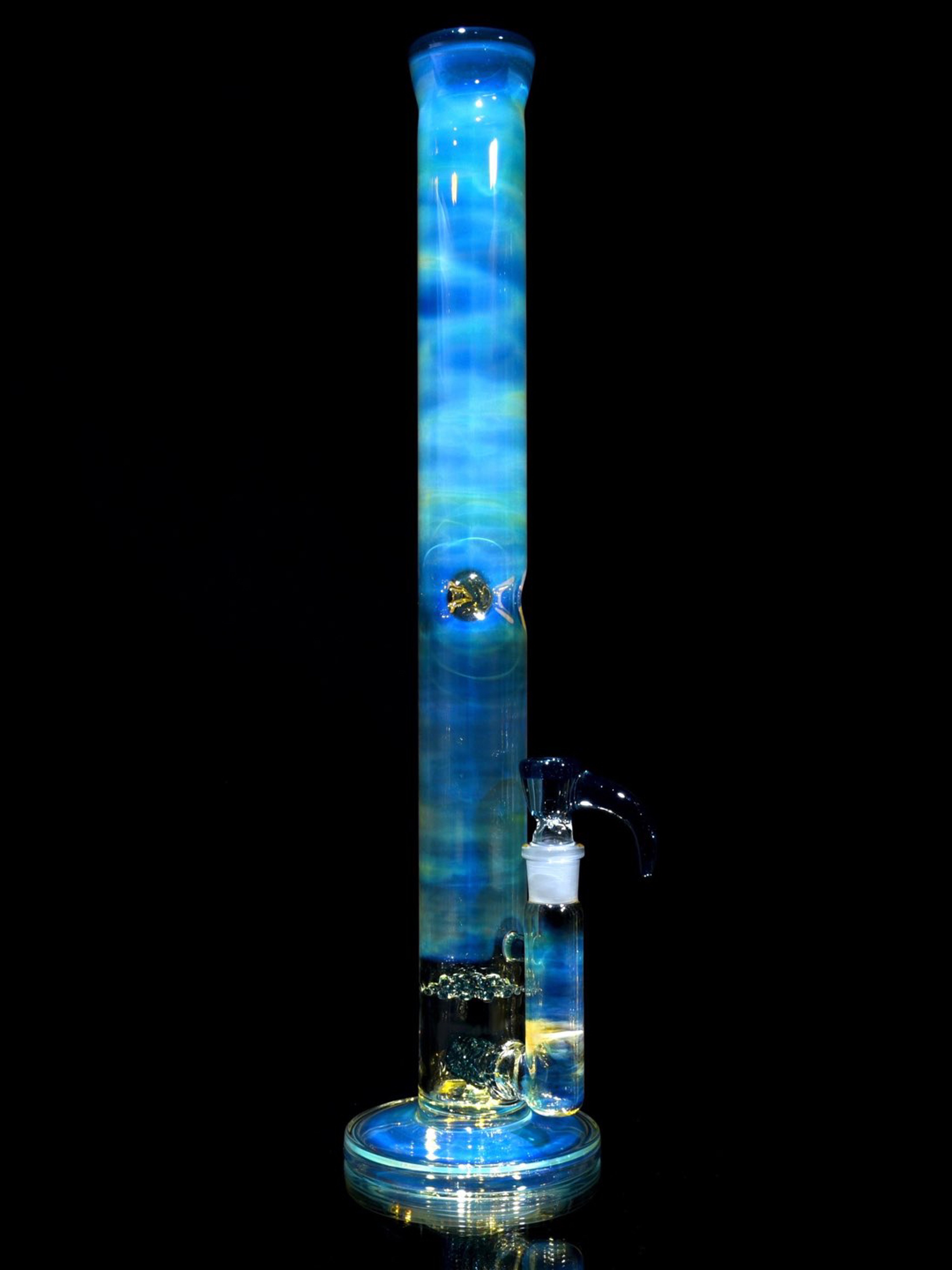 Preview pic of Fluid Glass - UV Reactive Fully-fumed & Accented 50mm Nautilus Straight Tube w/ 3-hole Horned Slide - Atomic Blue Stardust - 18mm Female