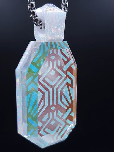 Preview pic of "Prism Key" Custom Etched Dichro Image and White Opal Faceted Pendant