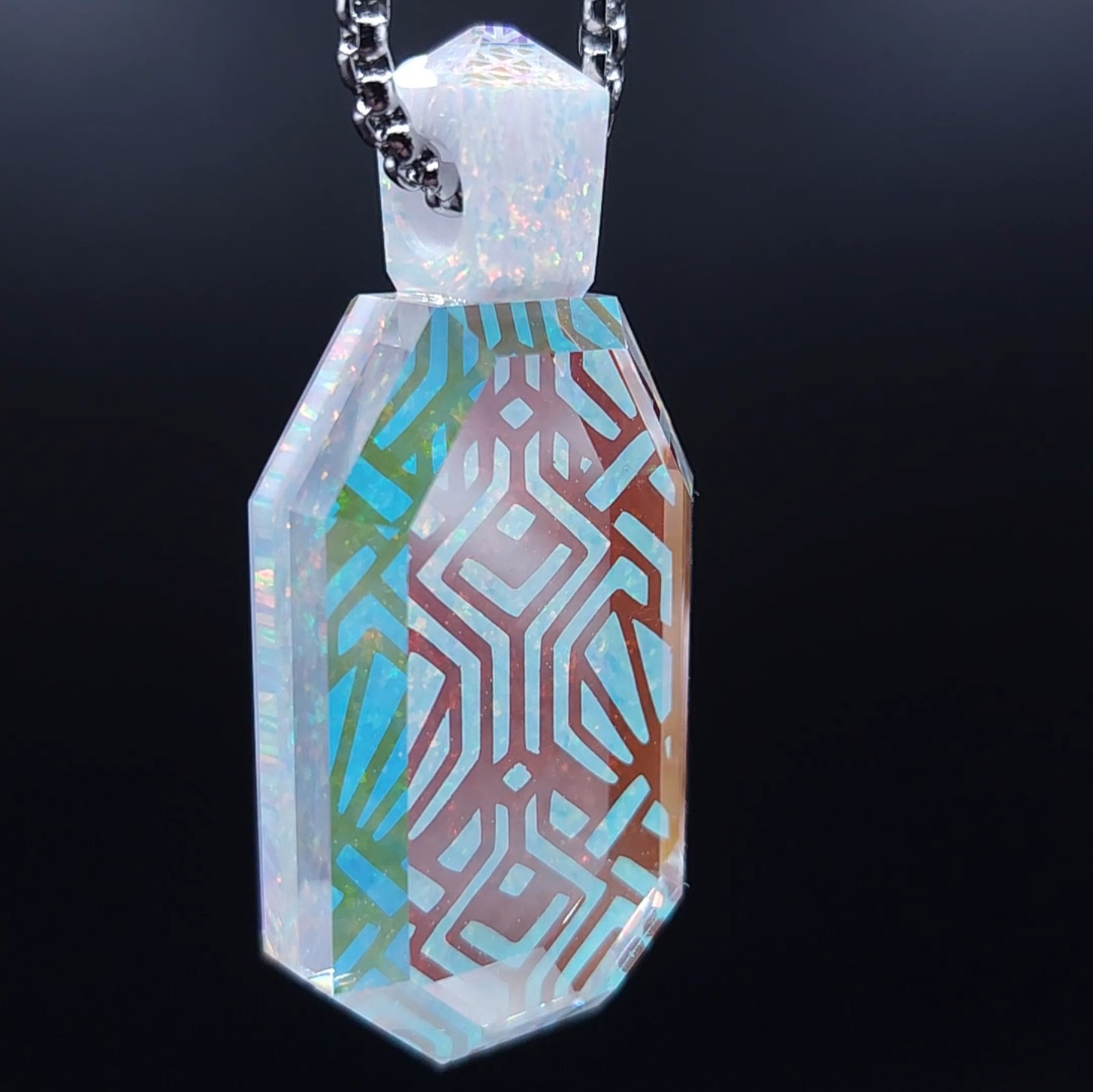 Preview pic of "Prism Key" Custom Etched Dichro Image and White Opal Faceted Pendant