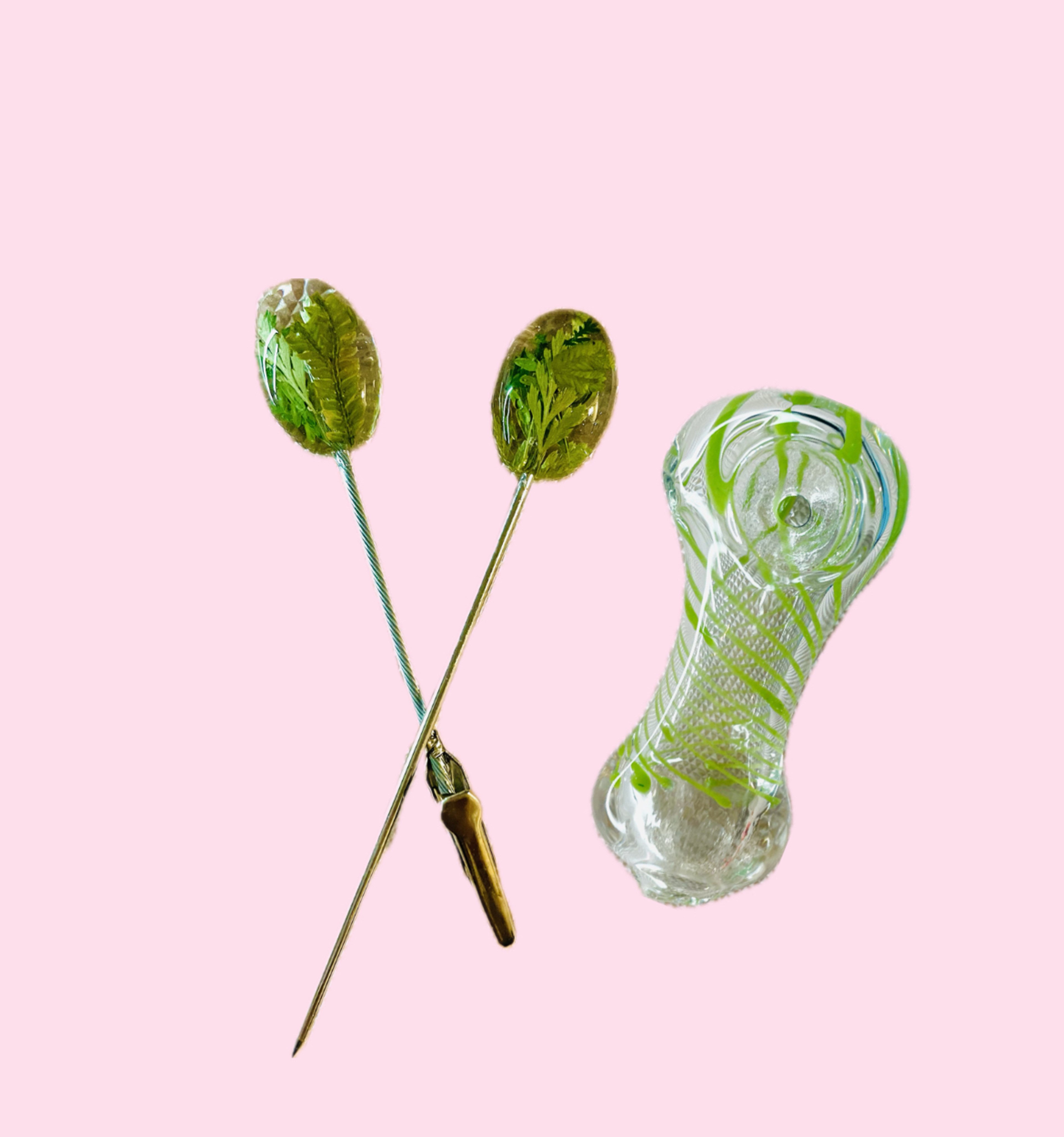 Preview pic of Green Pipe with Handmade Oval Roach Clip and Poker made with Real Plants