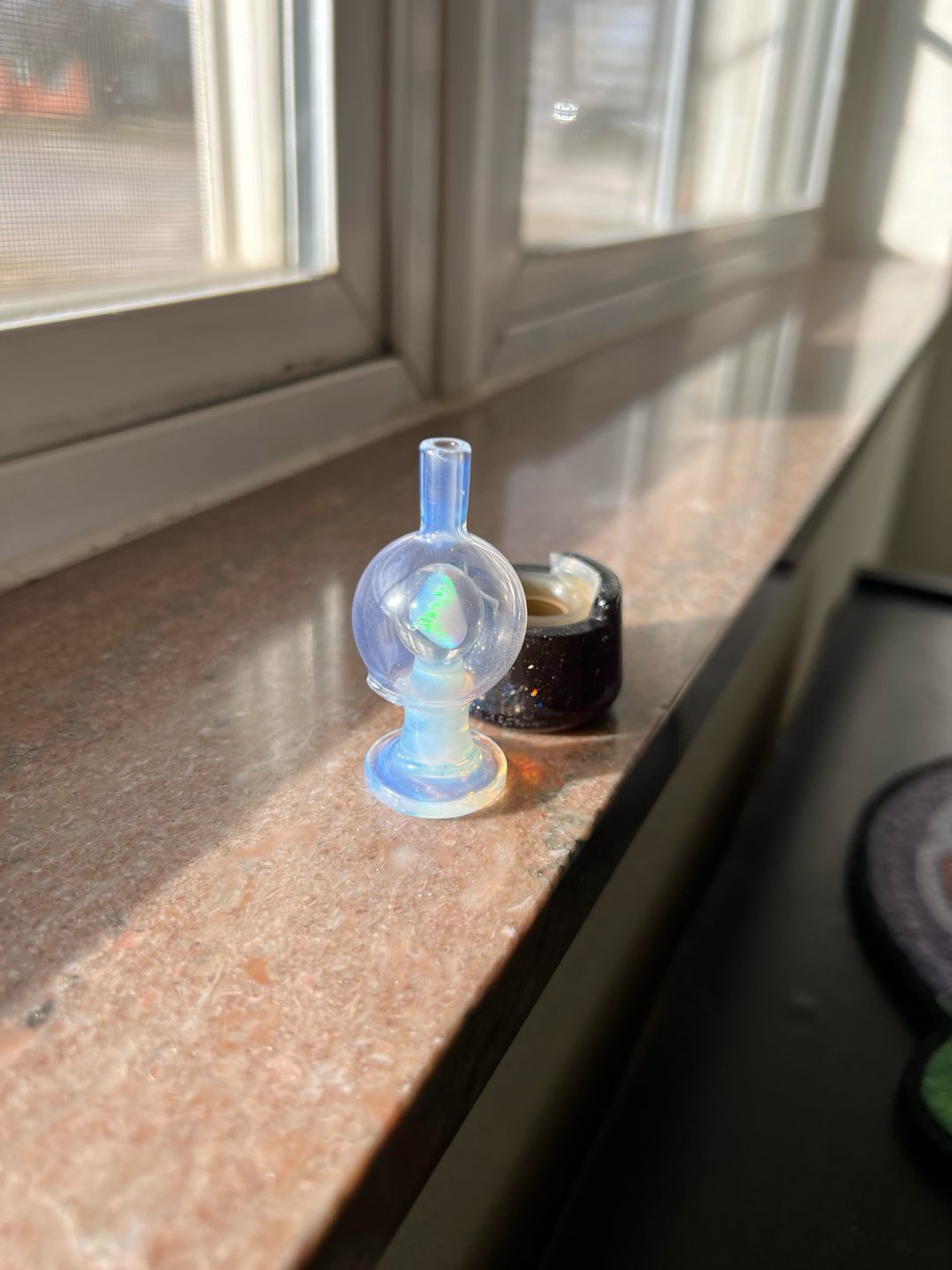 Preview pic of 2 Soup Glass Caps — XL Opal Moonstone Cap / Clear w Opal