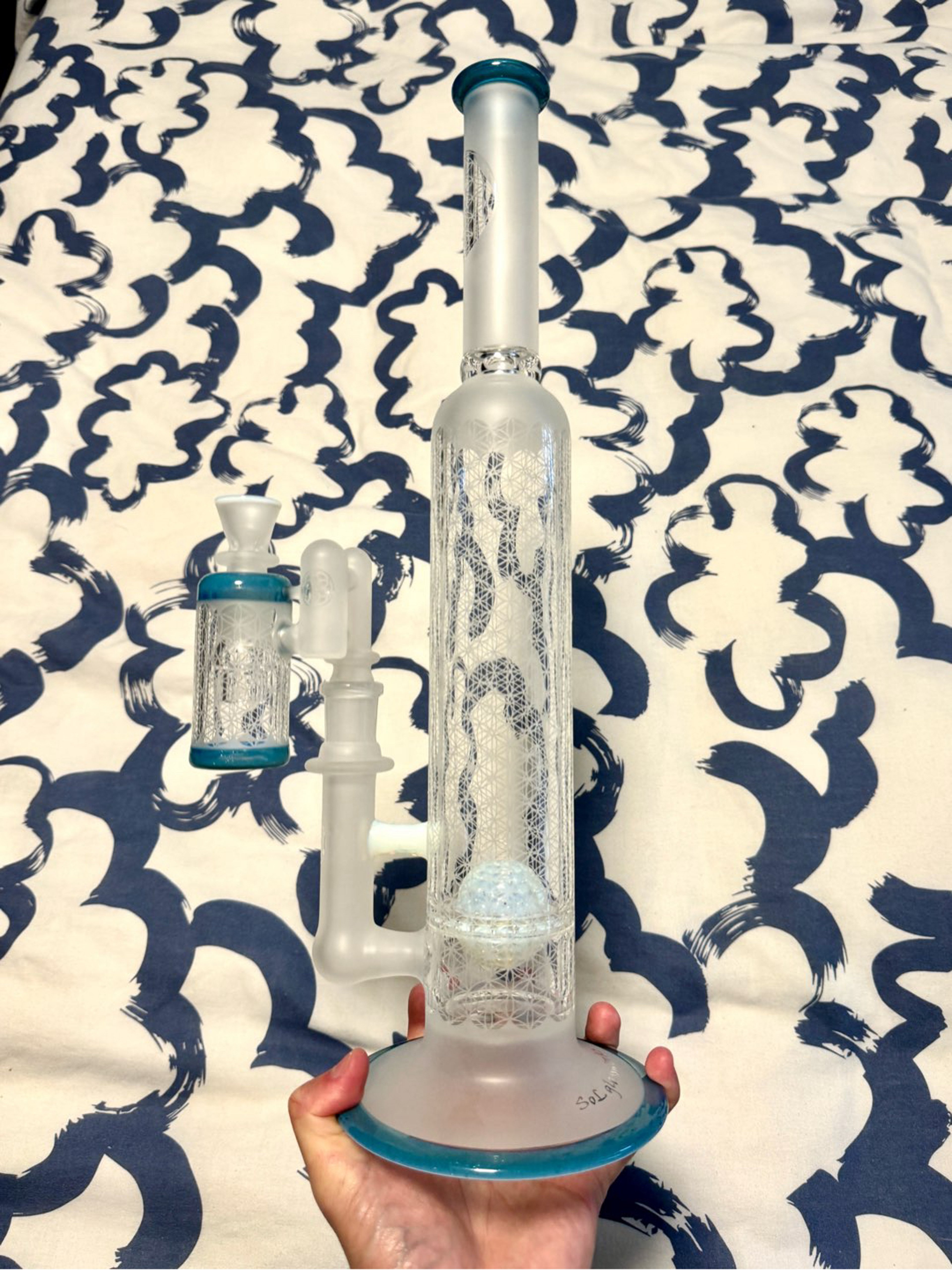 Preview pic of SoL glassworks Lace sphere 50 in Blue Stardust x Ghost