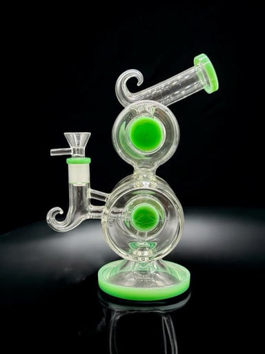 Preview pic of 9” Dual Chamber Recycler Glass Bong – Green Accents