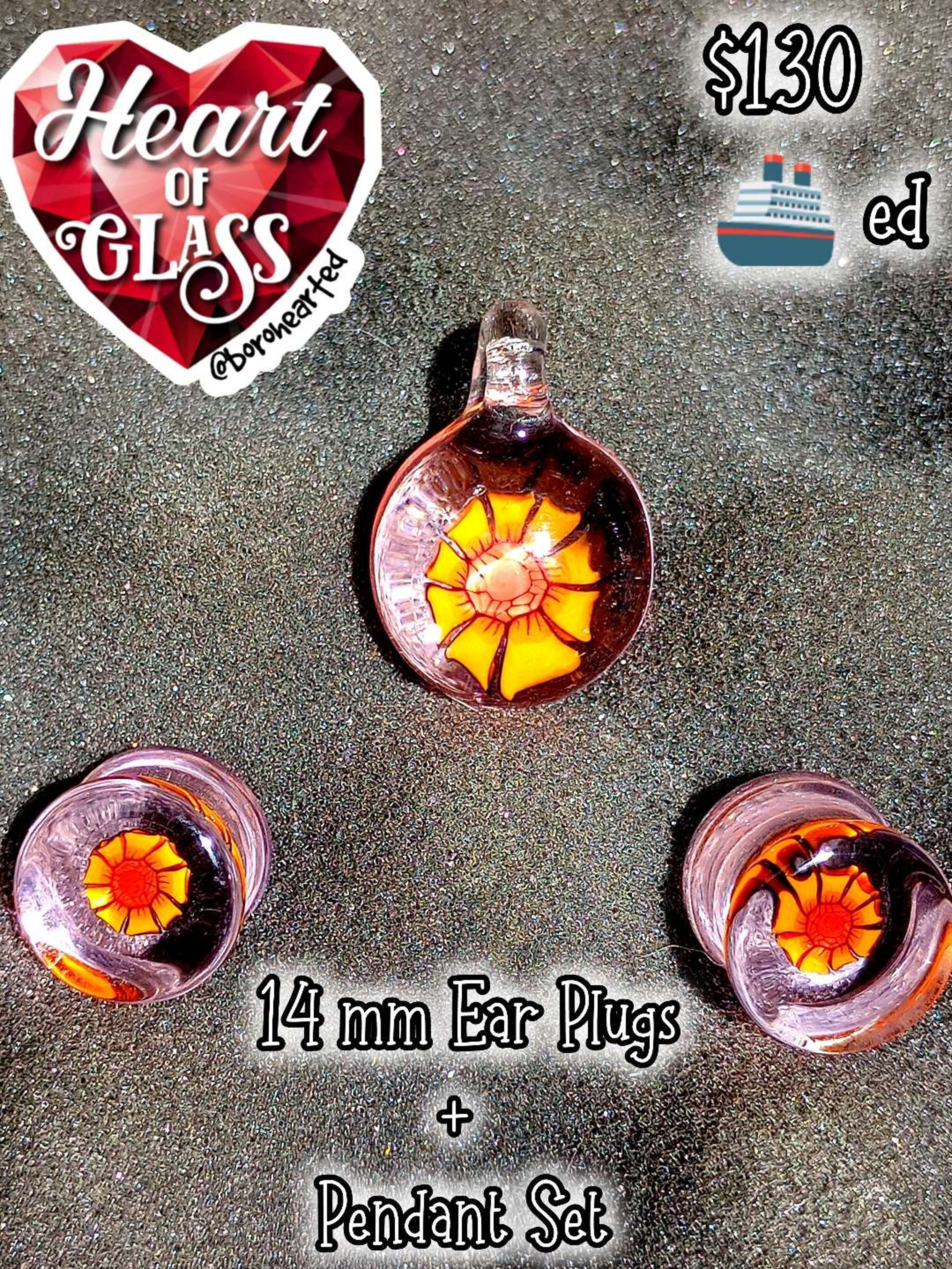 Preview pic of 14 mm Flower Murrine plugs + Pendant set