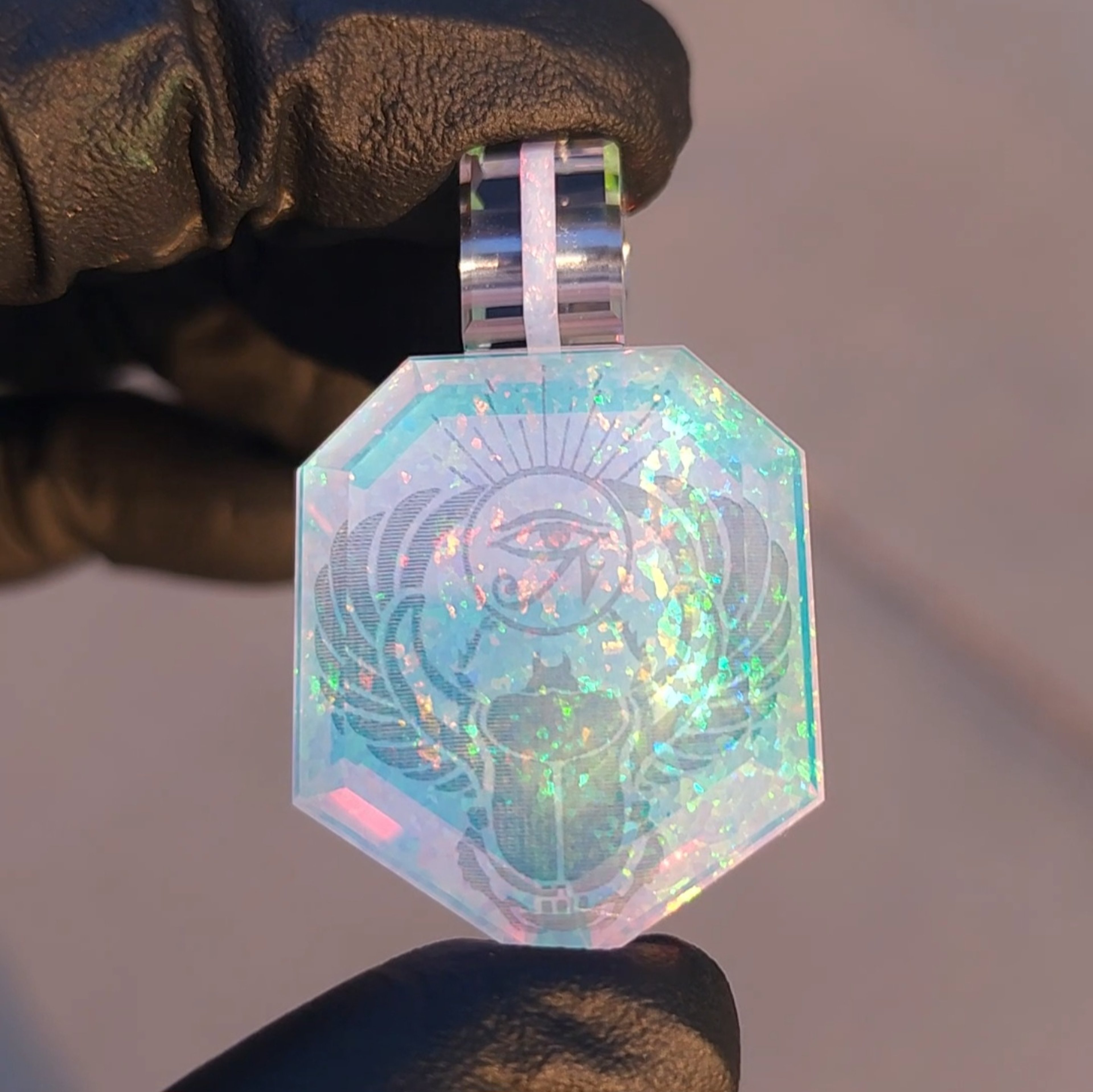 Preview pic of Faceted Opal and Custom Etched "Scarab" Dichro Image Jewel Pendant