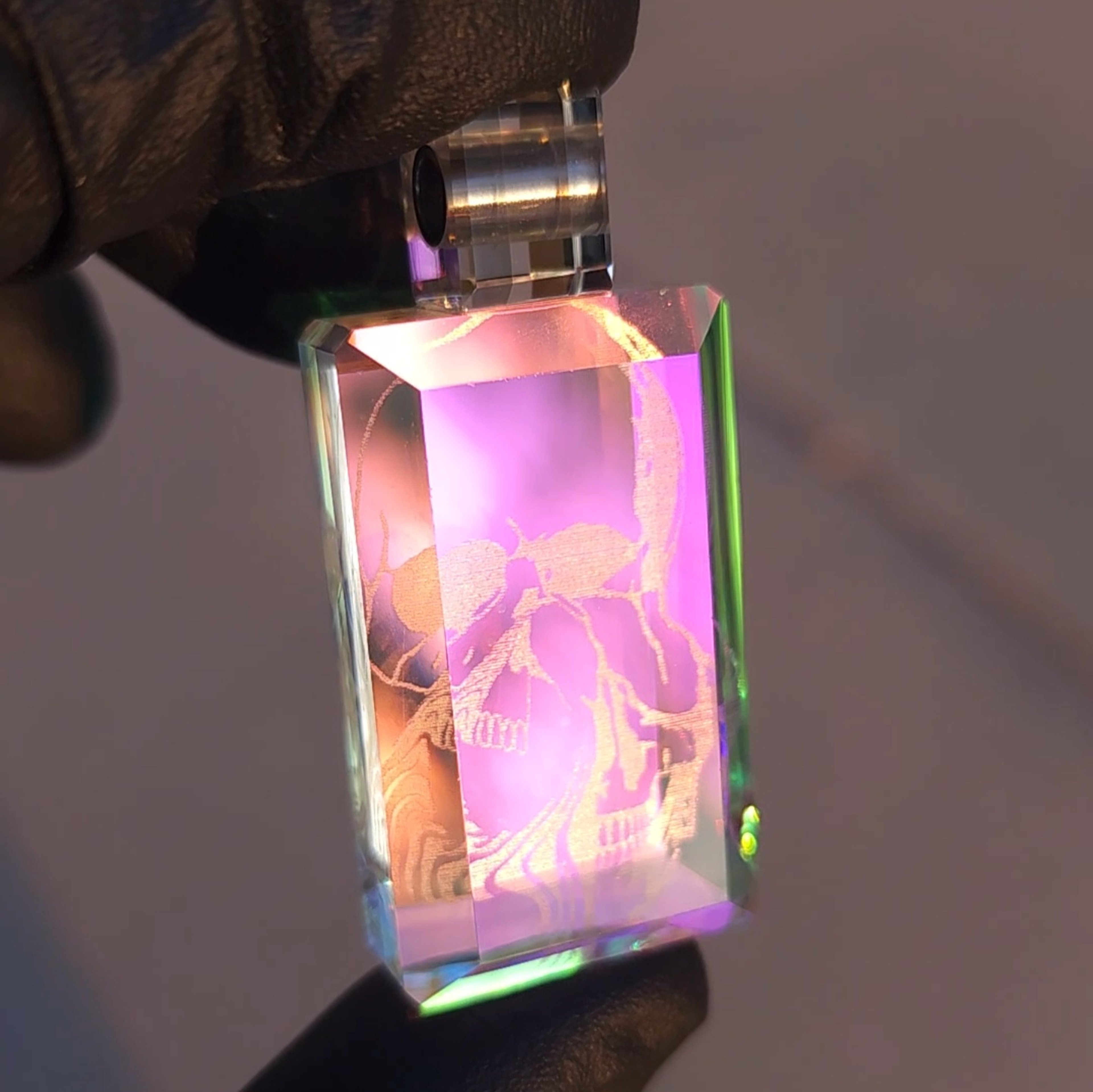 Preview pic of Faceted "Abstract Skull" Custom Laser Etched Dichro Pendant