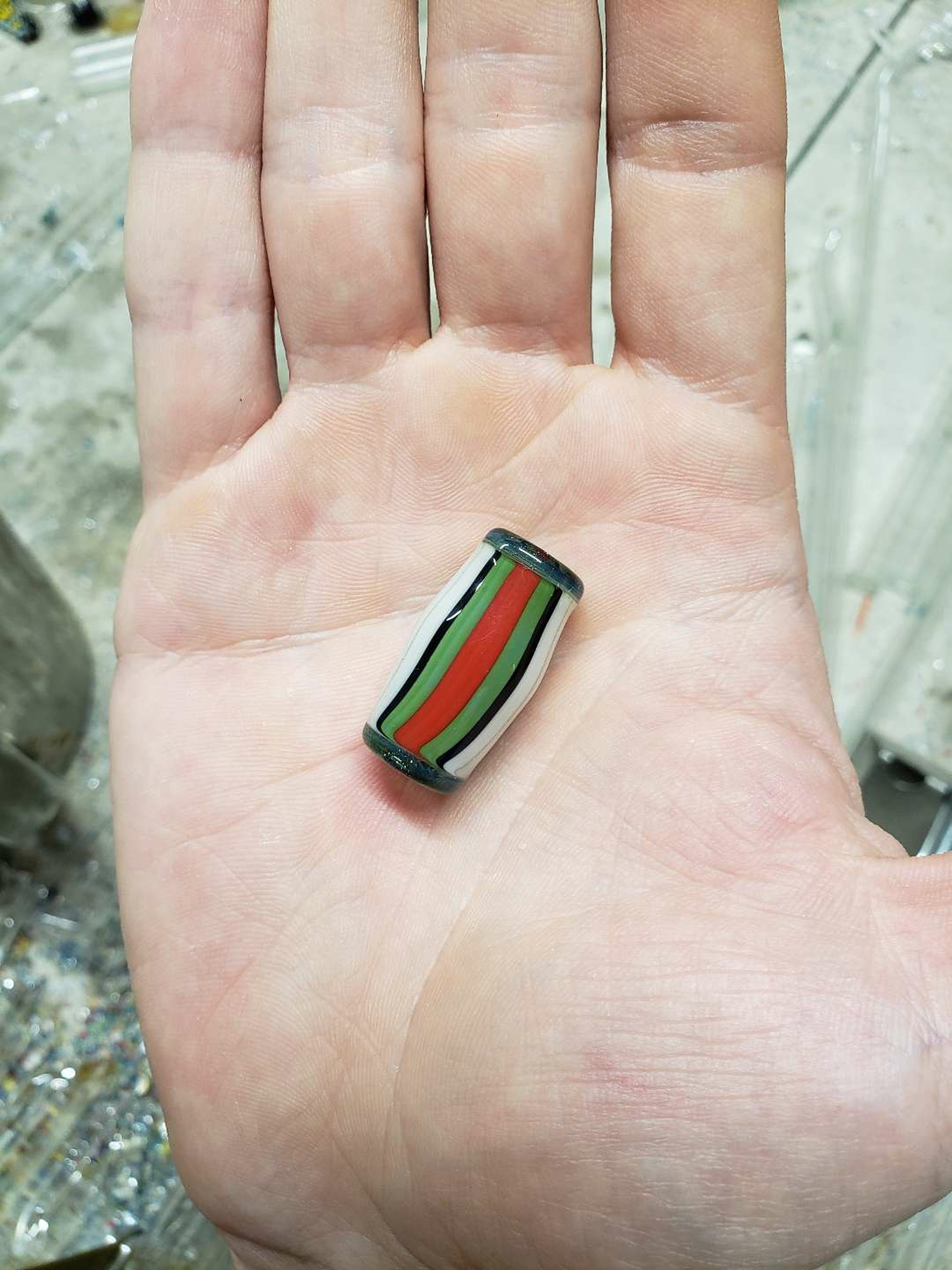 Preview pic of Small red, green and white glass bead w/ sparkle lip wraps