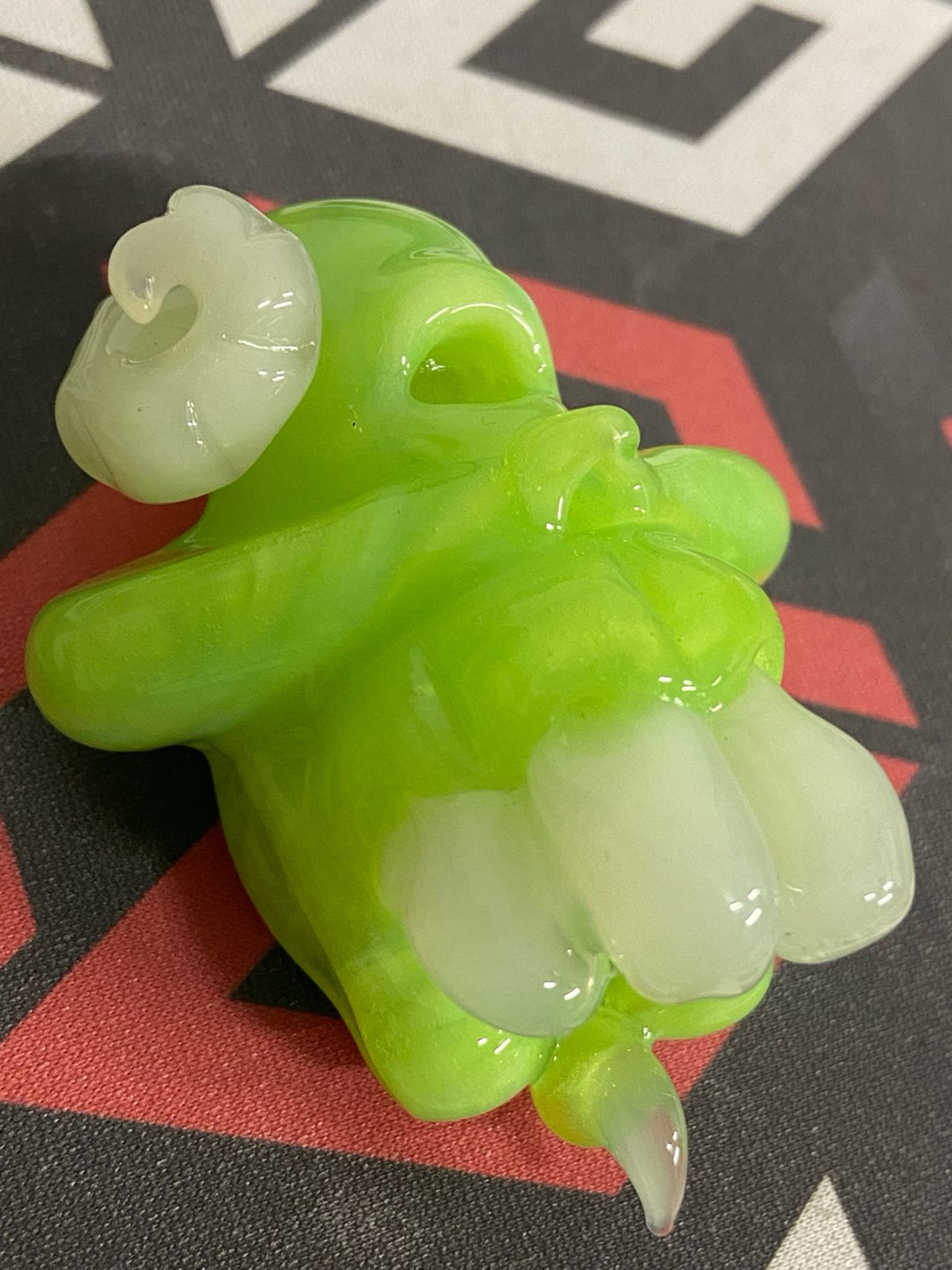 Preview pic of Green Satin Slime Heady UV One Eye Cyclops Skull Pendant, UV Glowing Teeth/horn