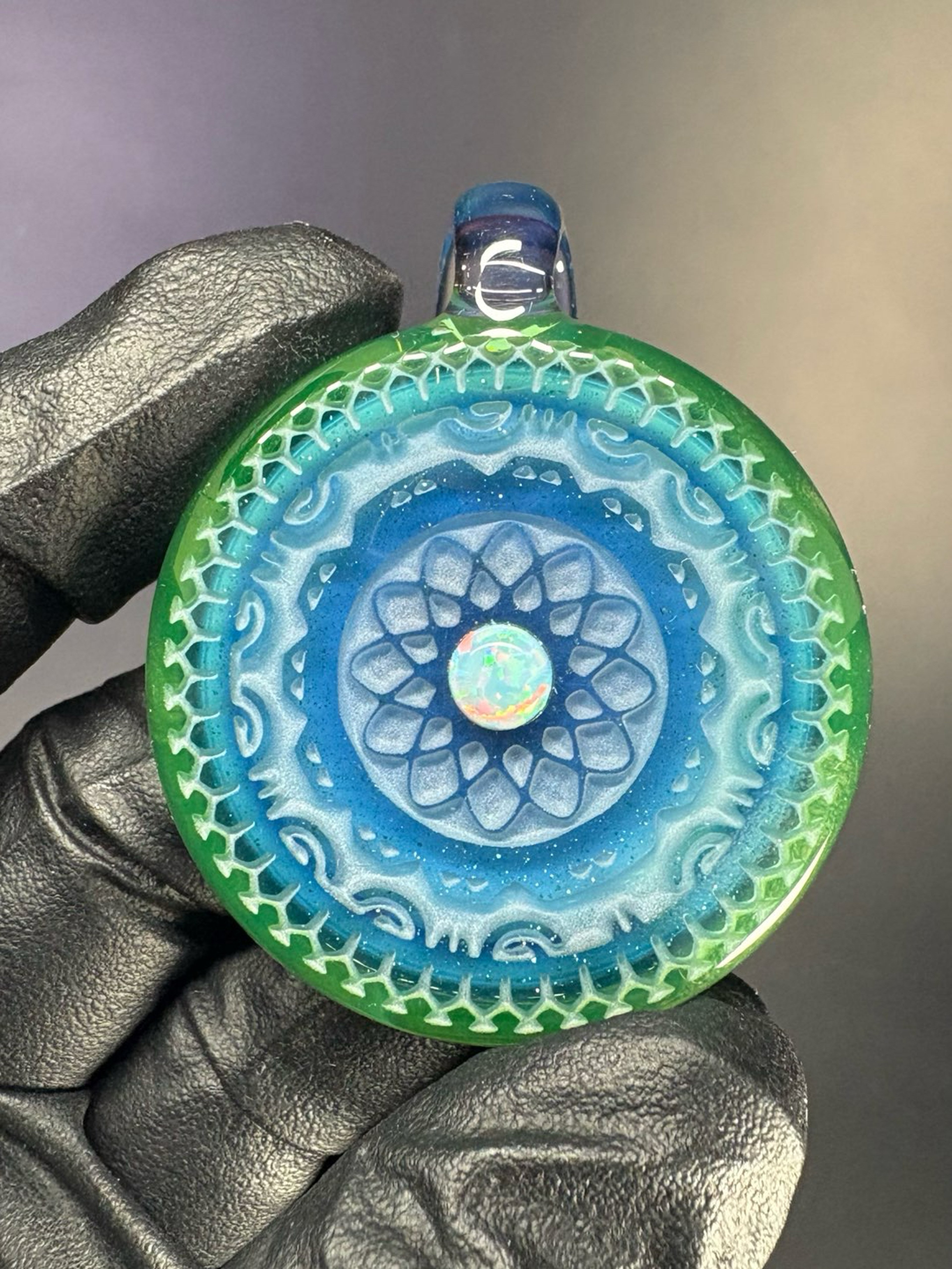 Preview pic of Carved Glass Pendant with Opal (UV reactive)